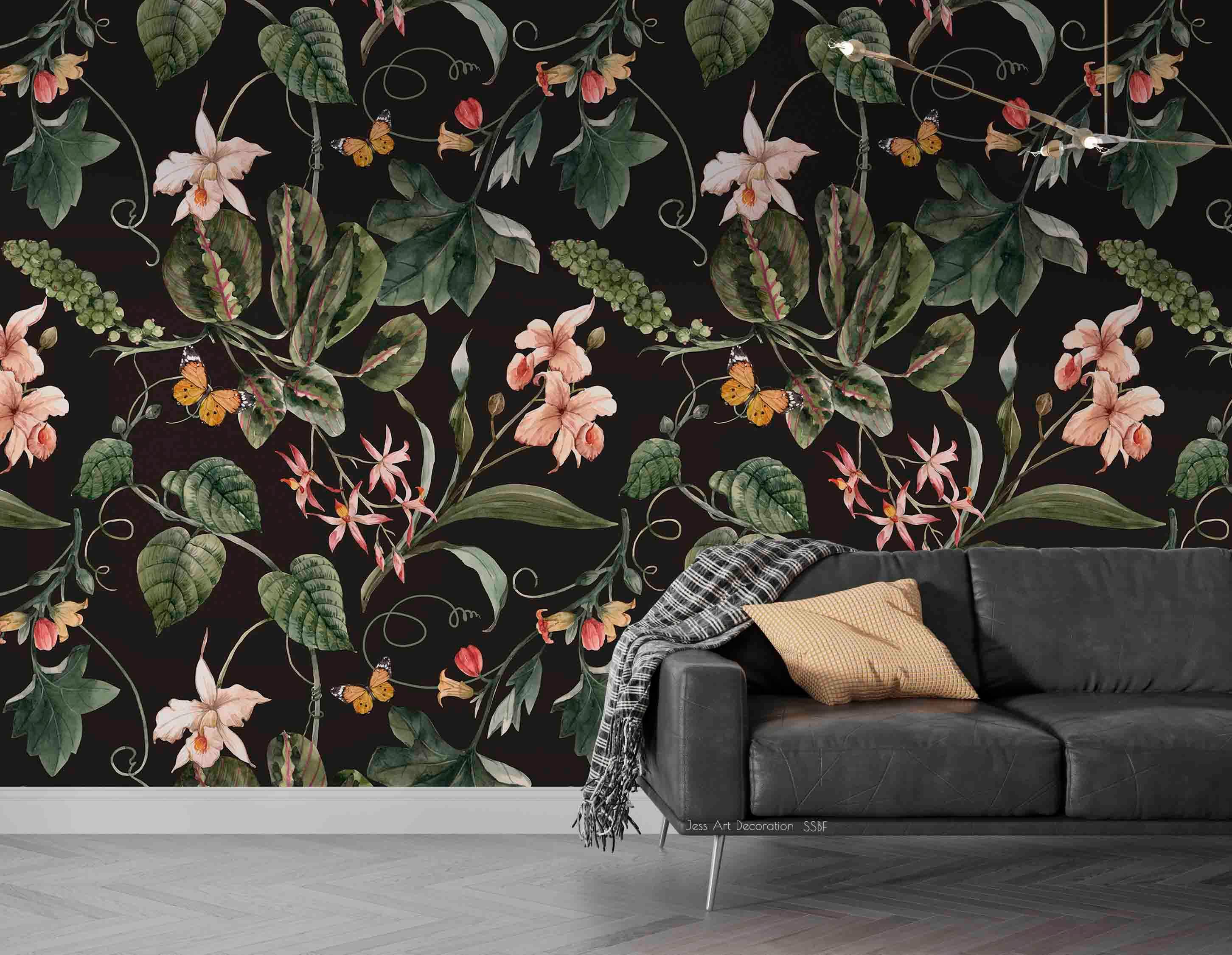 3D Vintage Baroque Art Flower Plant Leaves Black Background Wall Mural Wallpaper GD 3580- Jess Art Decoration