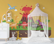 3D Hand Drawn Cartoon Dinosaur Volcano Coconut Tree Bones Wall Mural Wallpaper GD 1885- Jess Art Decoration