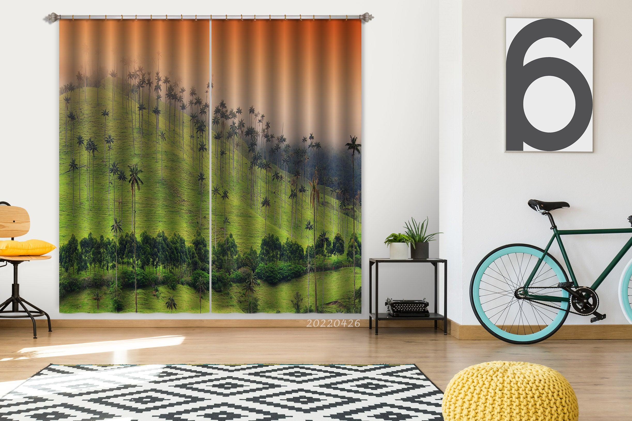3D Landscape Mountain Green Tree Grass Orange Sky Curtains and Drapes GD 4749- Jess Art Decoration