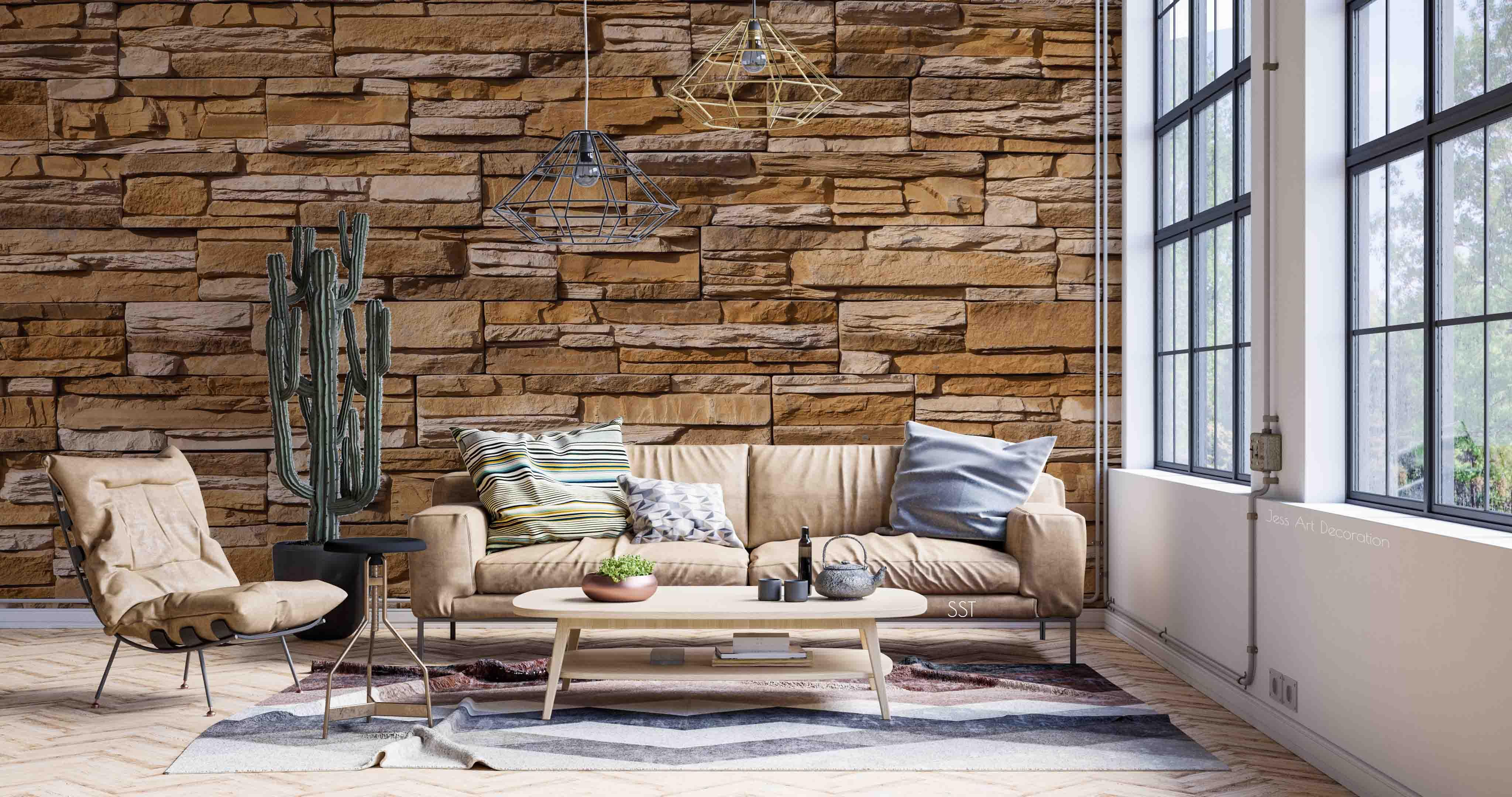 3D Stacked Stone Wall rustic stacked stone texture wall mural wallpaper for living room - view 4