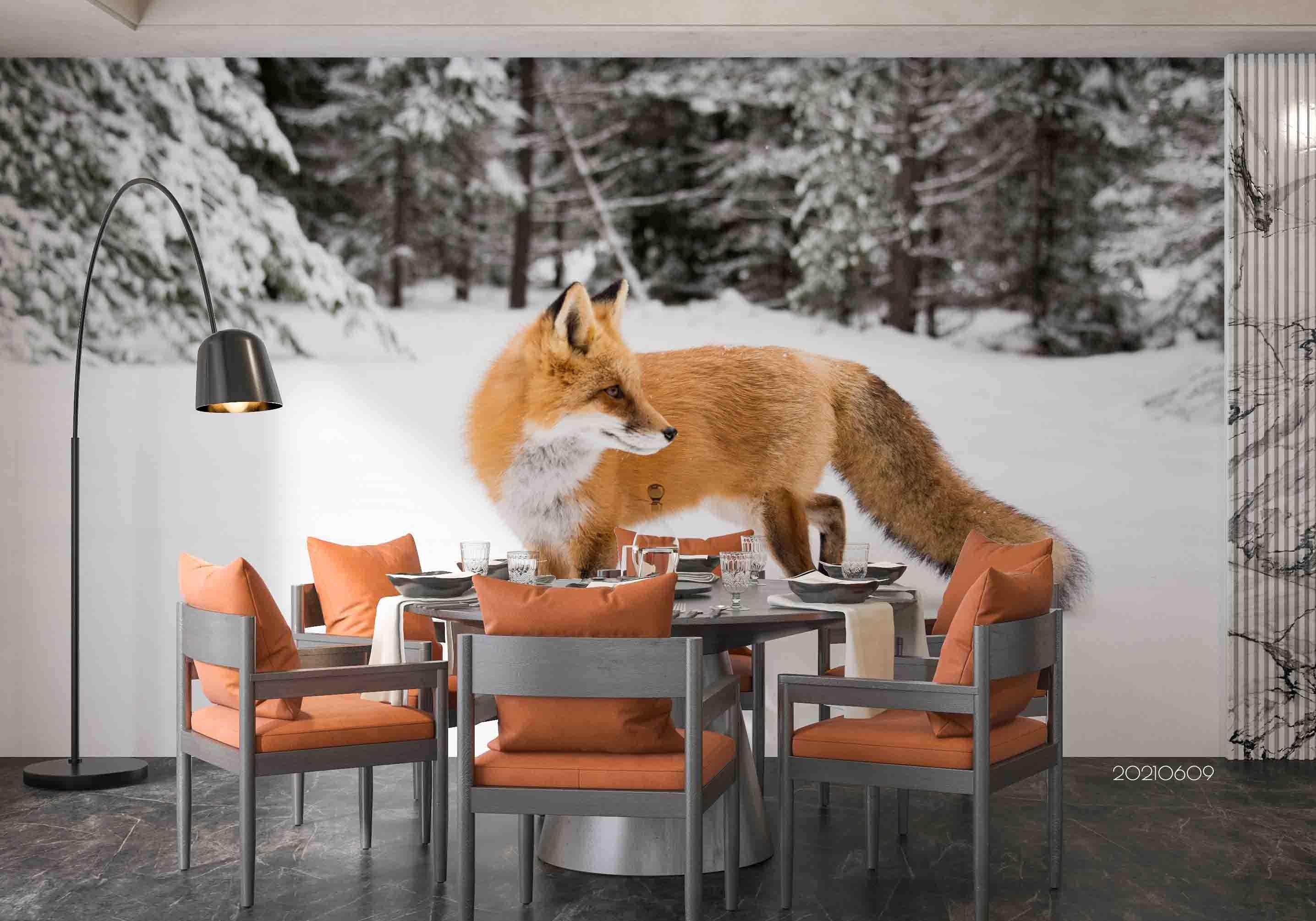 3D Winter Snow Pine  Jungle Fox Wall Mural Wallpaper SWW1643- Jess Art Decoration