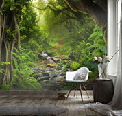 3D Hand Drawn Tropical Virgin Forest Deep Green Plant Creek Wall Mural Wallpaper GD 1816- Jess Art Decoration