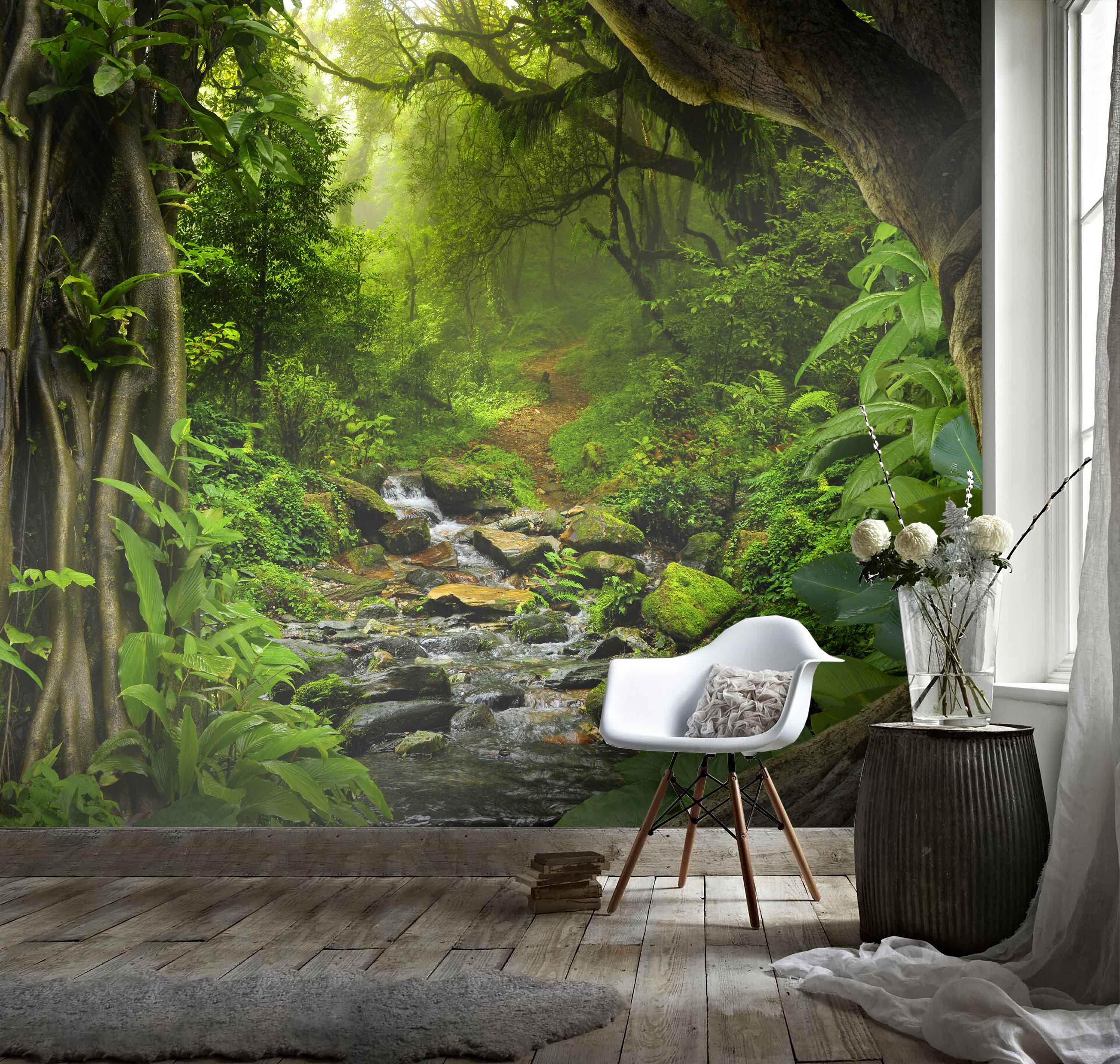 3D Hand Drawn Tropical Virgin Forest Deep Green Plant Creek Wall Mural Wallpaper GD 1816- Jess Art Decoration