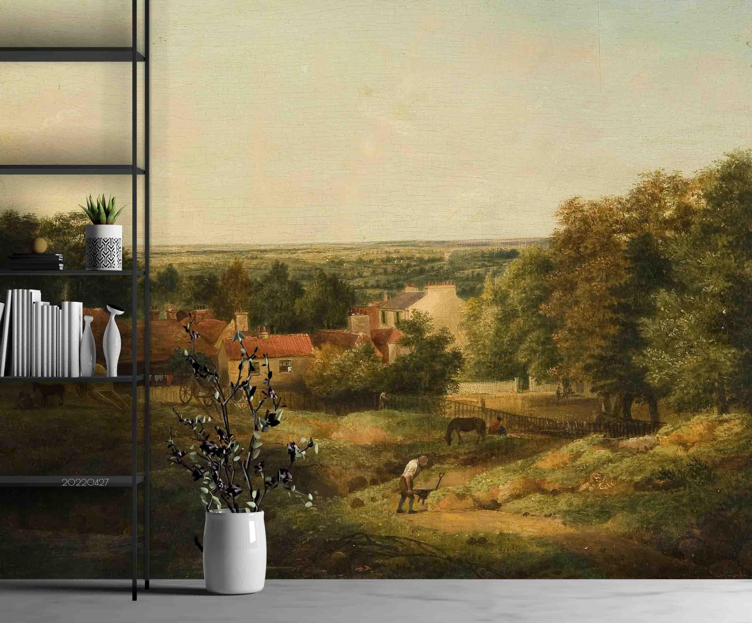 3D House Field Farmer Tree Oil Painting Wall Mural Wallpaper GD 4421- Jess Art Decoration