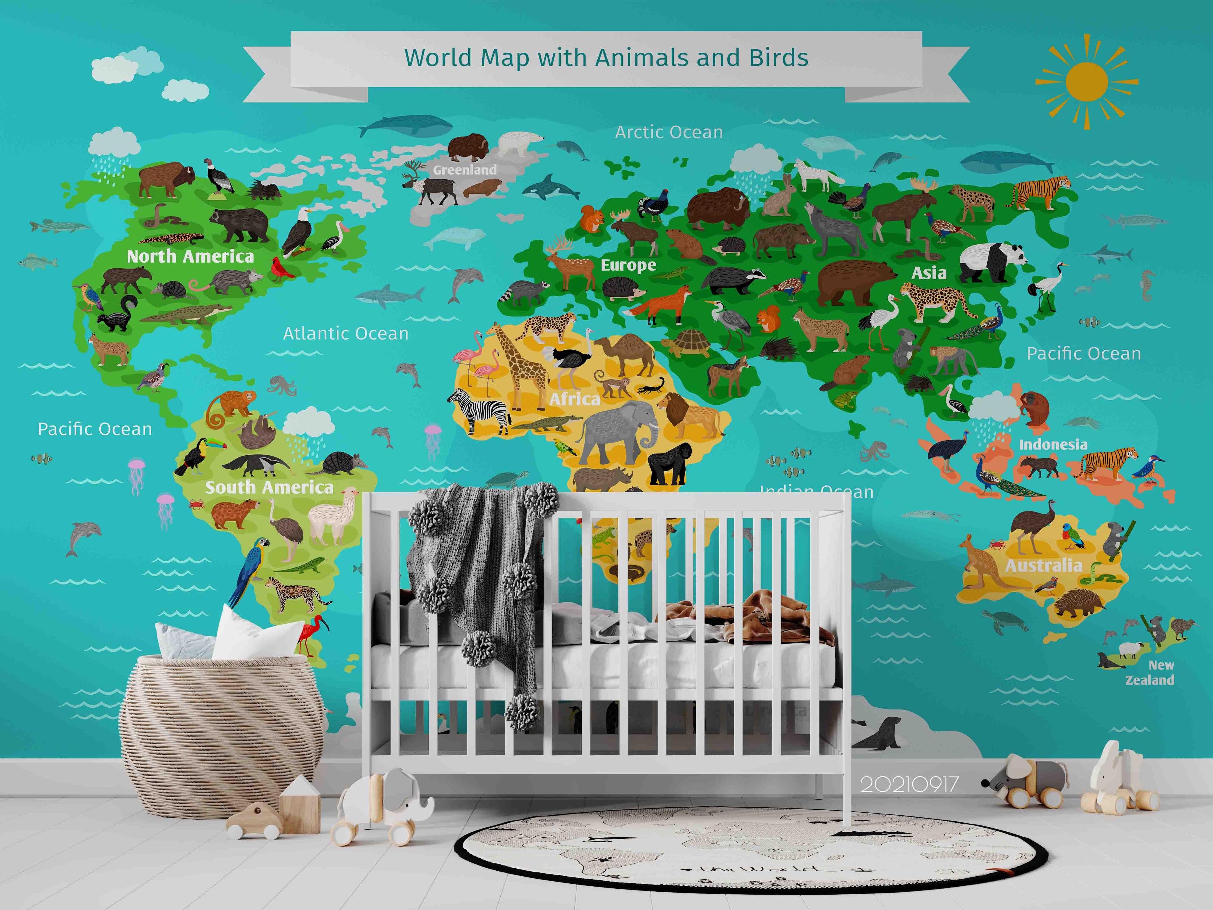 3D Green World Map Kids Wall Mural Wallpaper LQH 109- Jess Art Decoration