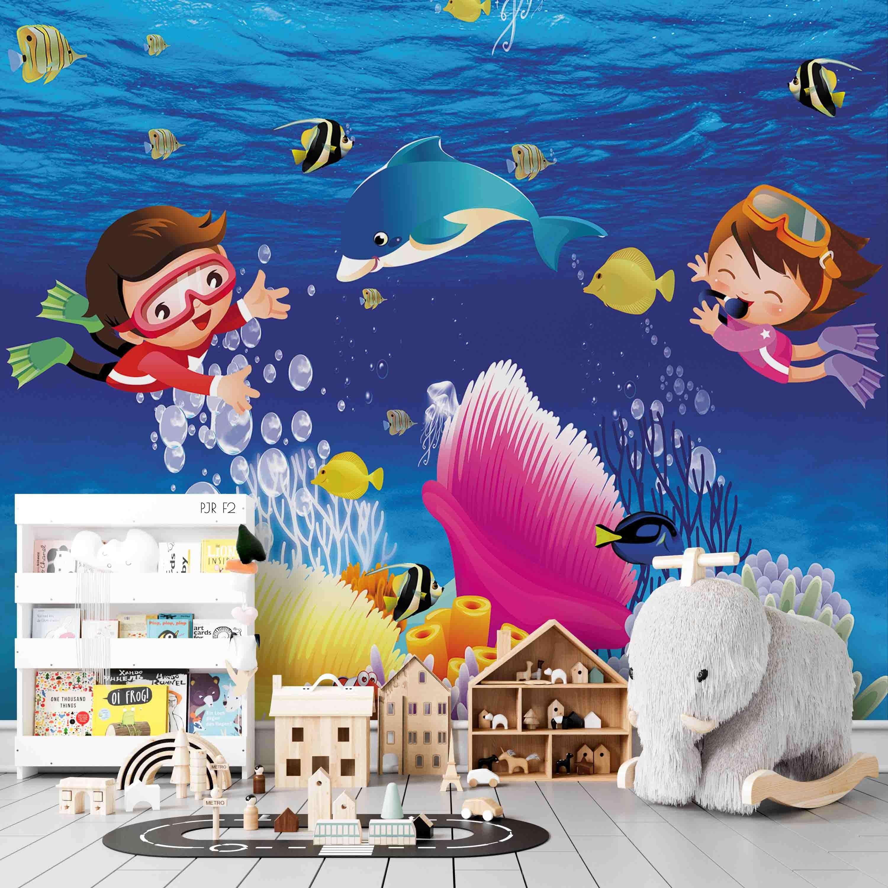 3D Diving Sea Kids cartoon scuba diving sea mural wall mural wallpaper for kids room