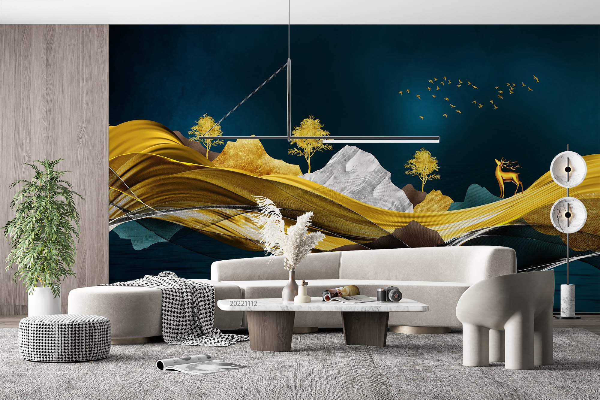 3D Abstract Golden Mountains Deer Bird Landscape Wall Mural Wallpaper GD 2474- Jess Art Decoration