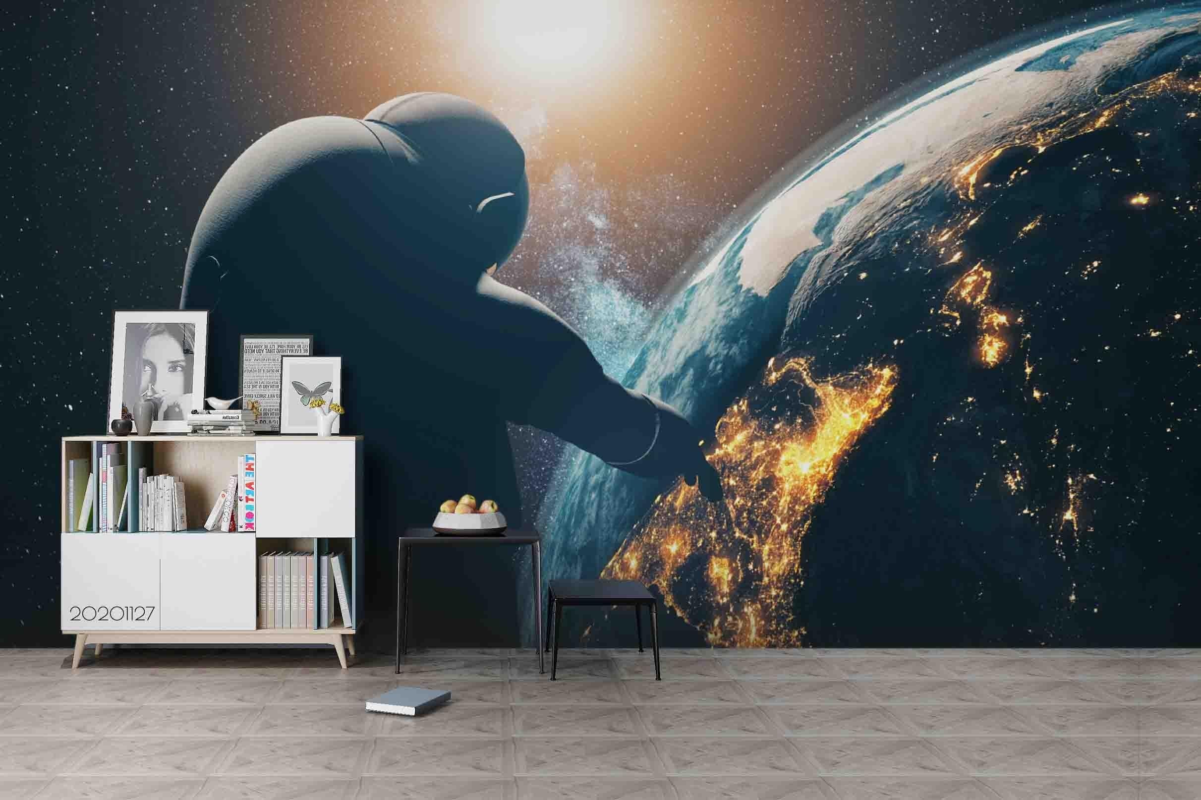 3D Dark Space Silhouette Astronaut Earth Planet Wall Mural Wallpaper LXL- Jess Art Decoration