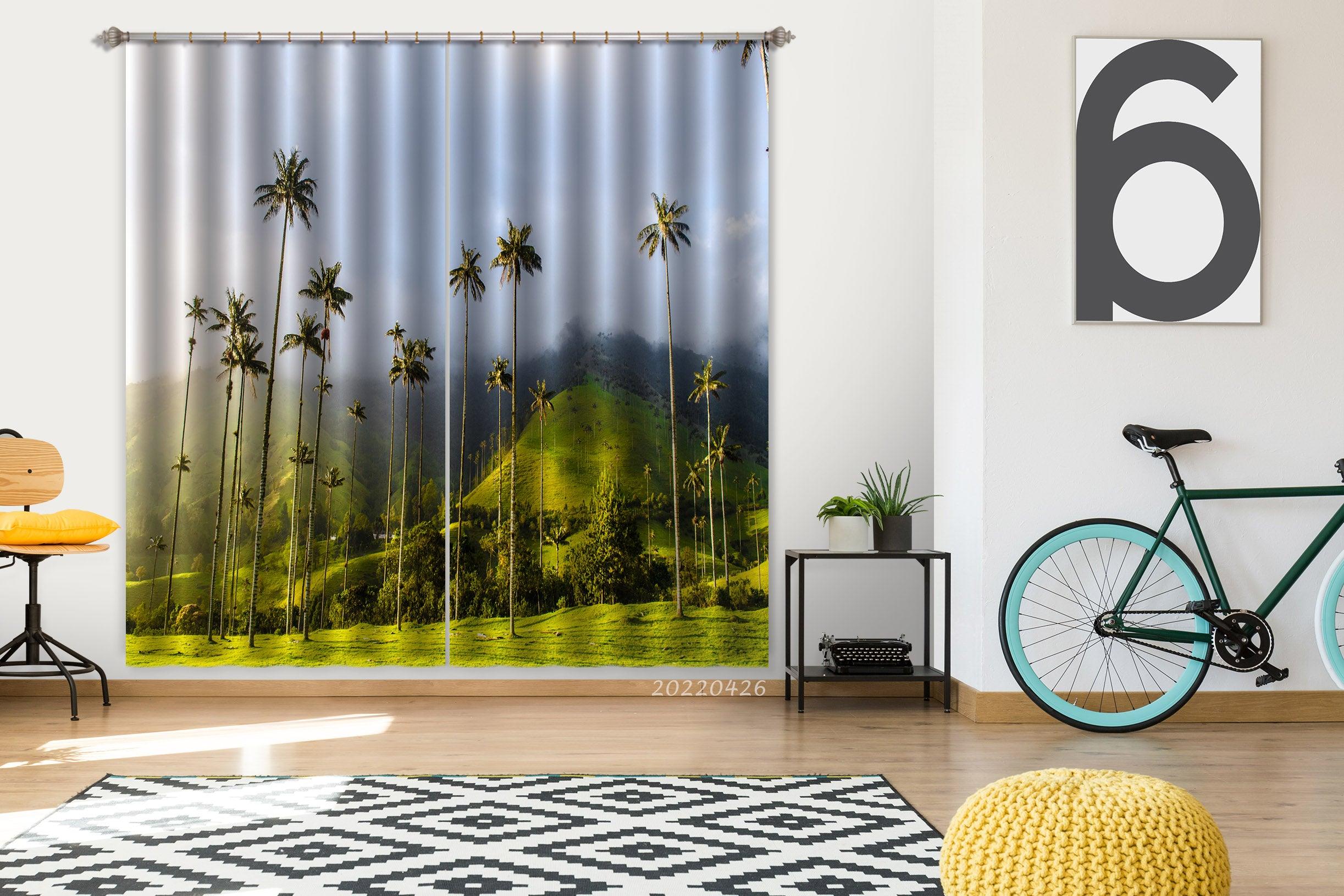 3D Landscape Mountain Green Plant Coconut Tree Fog Curtains and Drapes GD 4756- Jess Art Decoration