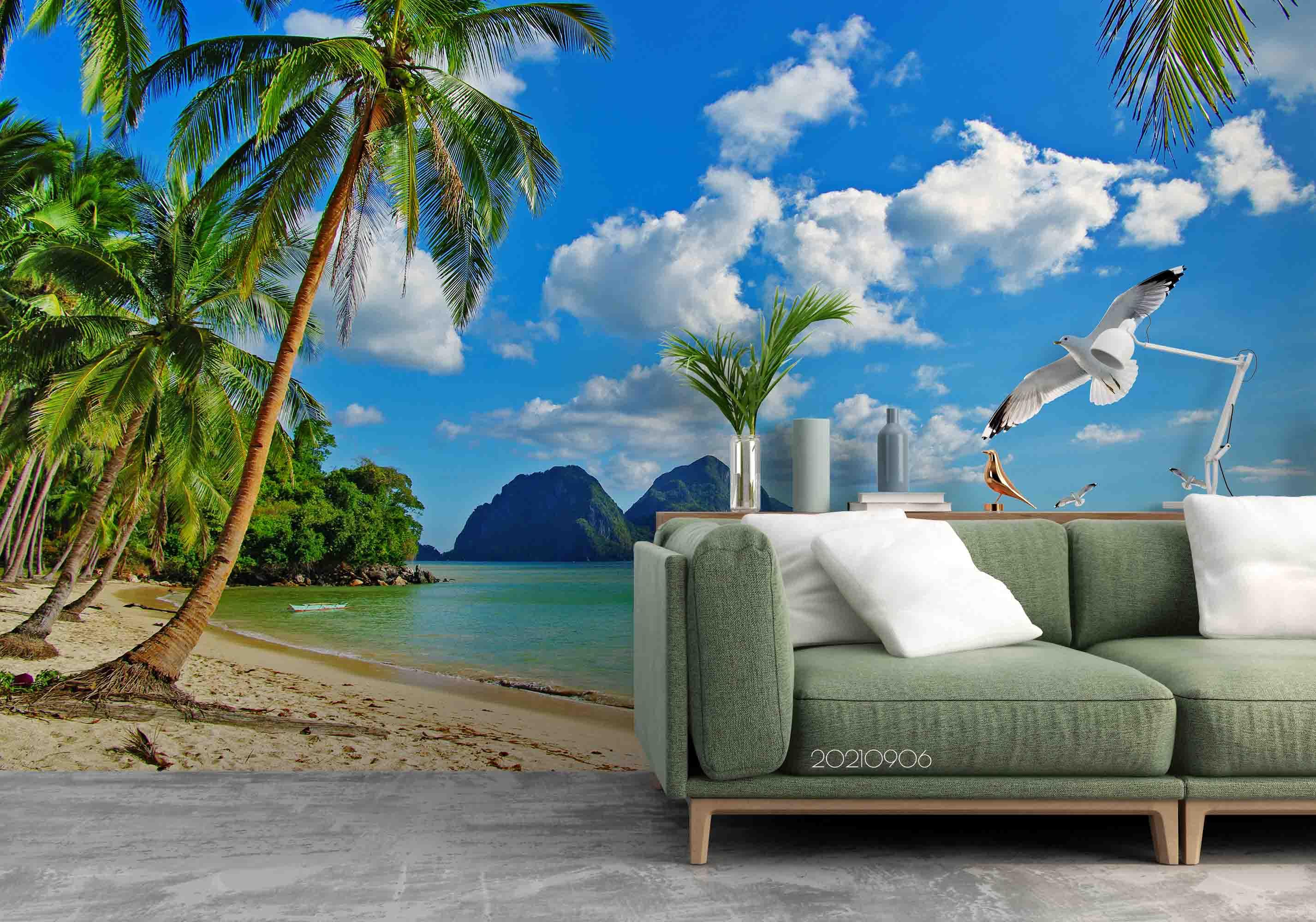 3D Tropical Sky Cloud Beach Coconut Tree Wall Mural Wallpaper LQH 664- Jess Art Decoration