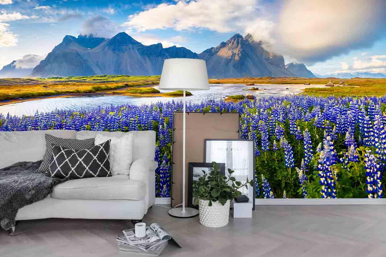 3D Blue sky White Clouds Mountains Rivers Purple Wildflowers Wall Mural Wallpaper 50- Jess Art Decoration