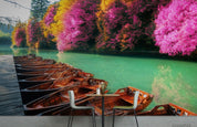 3D Pink Floral Tree Lake Boat Landscape Wall Mural Wallpaper LQH 180- Jess Art Decoration