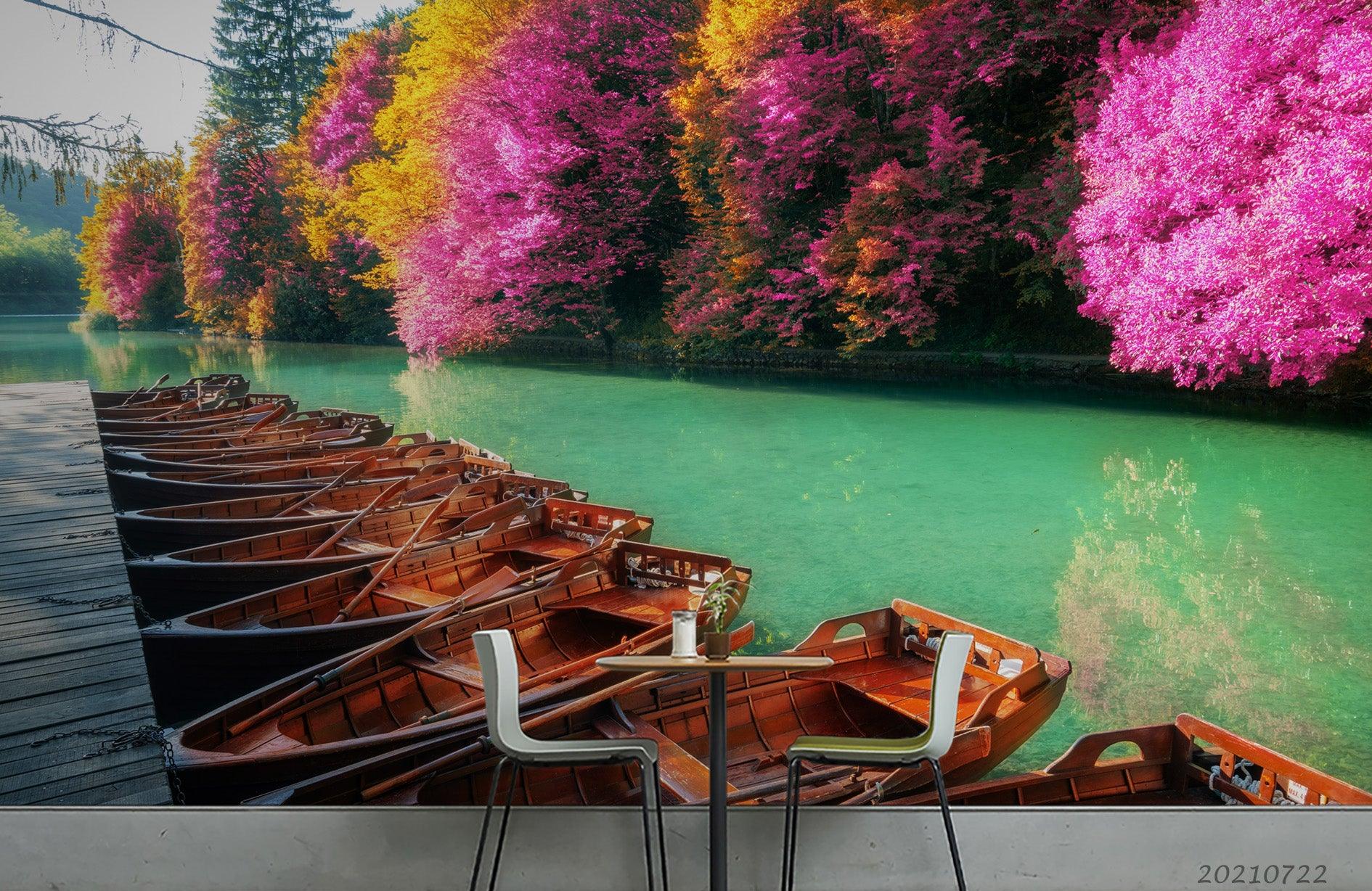 3D Pink Floral Tree Lake Boat Landscape Wall Mural Wallpaper LQH 180- Jess Art Decoration