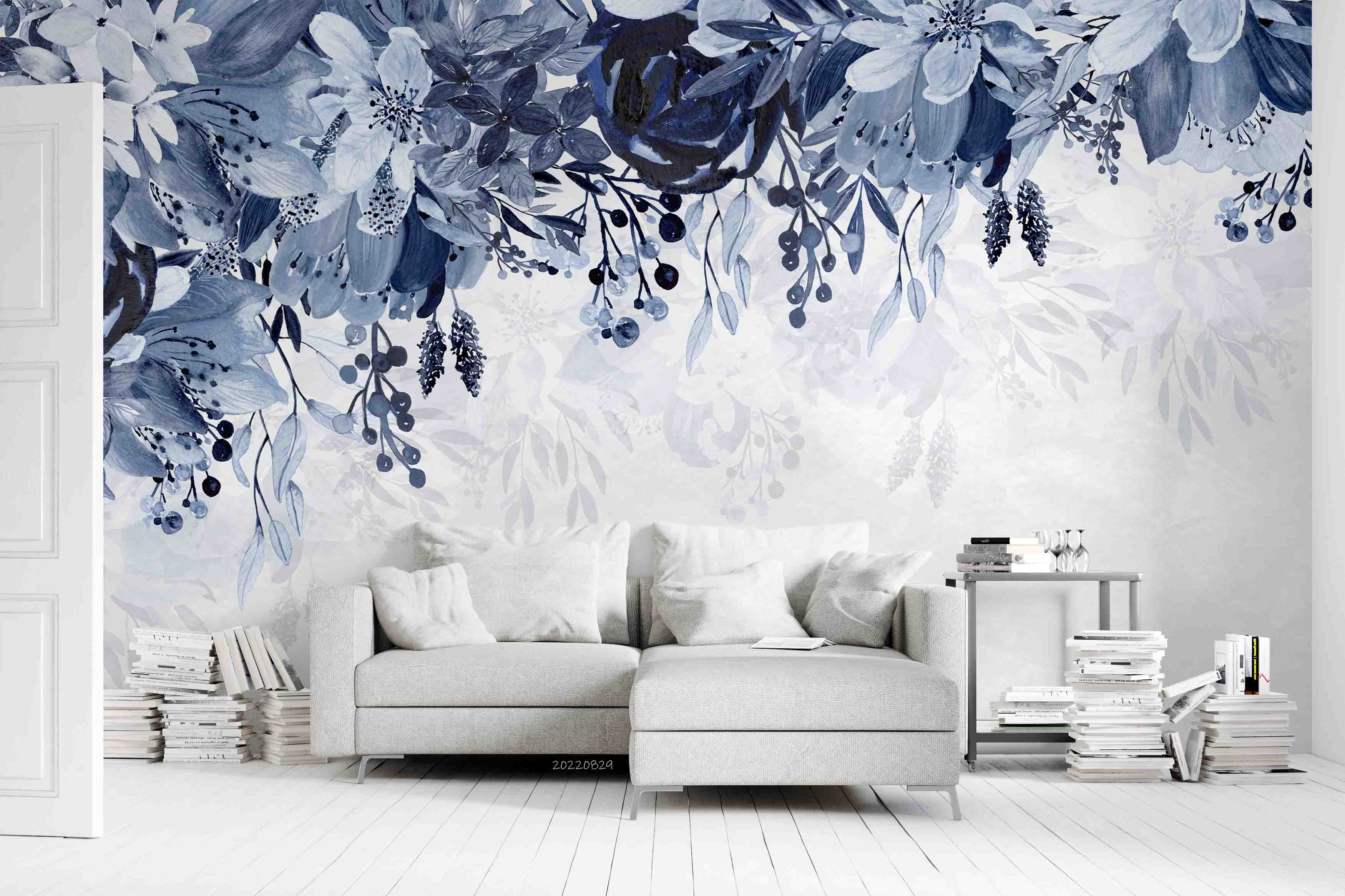 3D Blue Vintage Plant Floral Wall Mural Wallpaper GD 2678- Jess Art Decoration