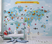 3D Map World Cartoon Animal Wall Mural Wallpaper SWW4485- Jess Art Decoration
