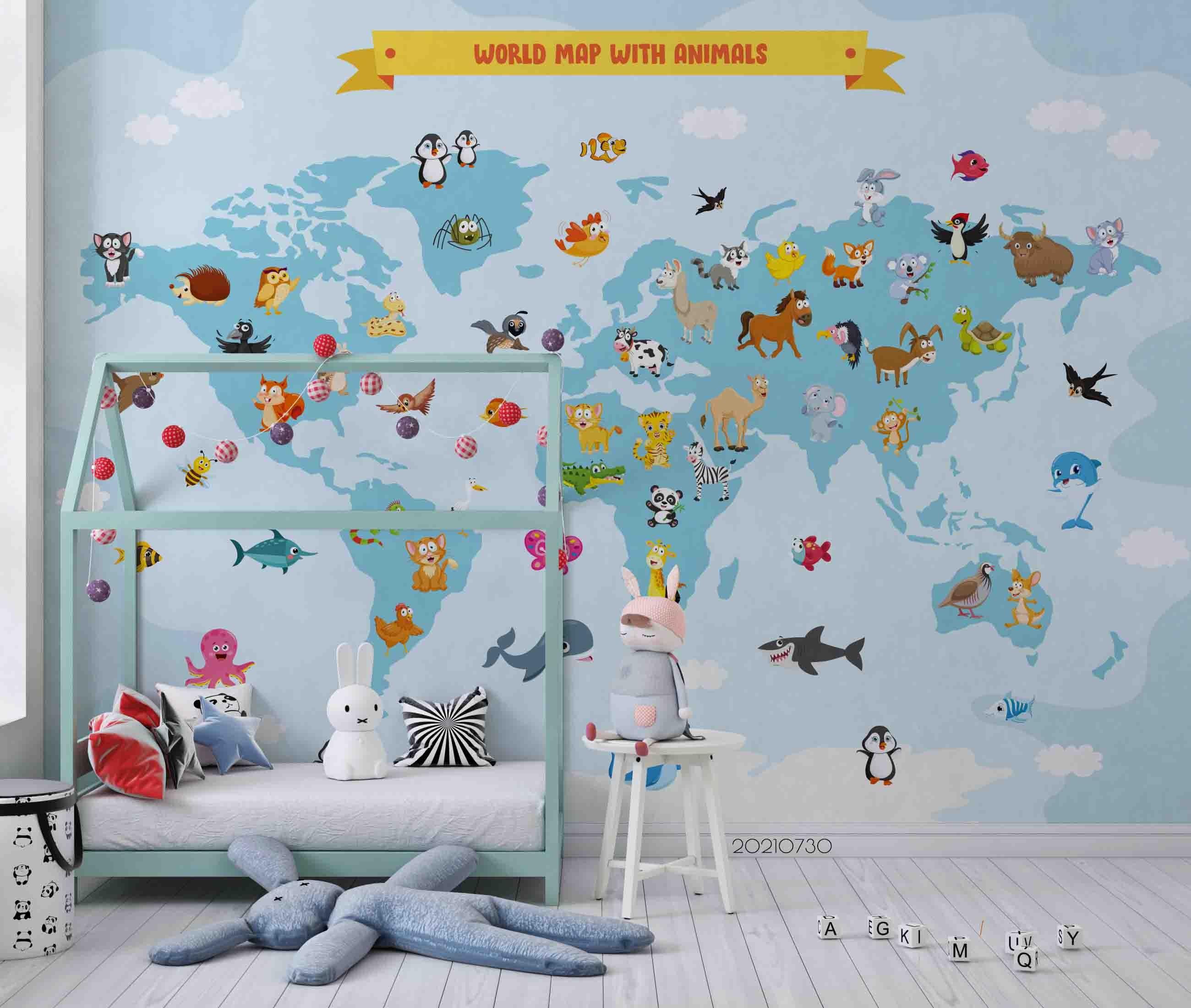 3D Map World Cartoon Animal Wall Mural Wallpaper SWW4485- Jess Art Decoration