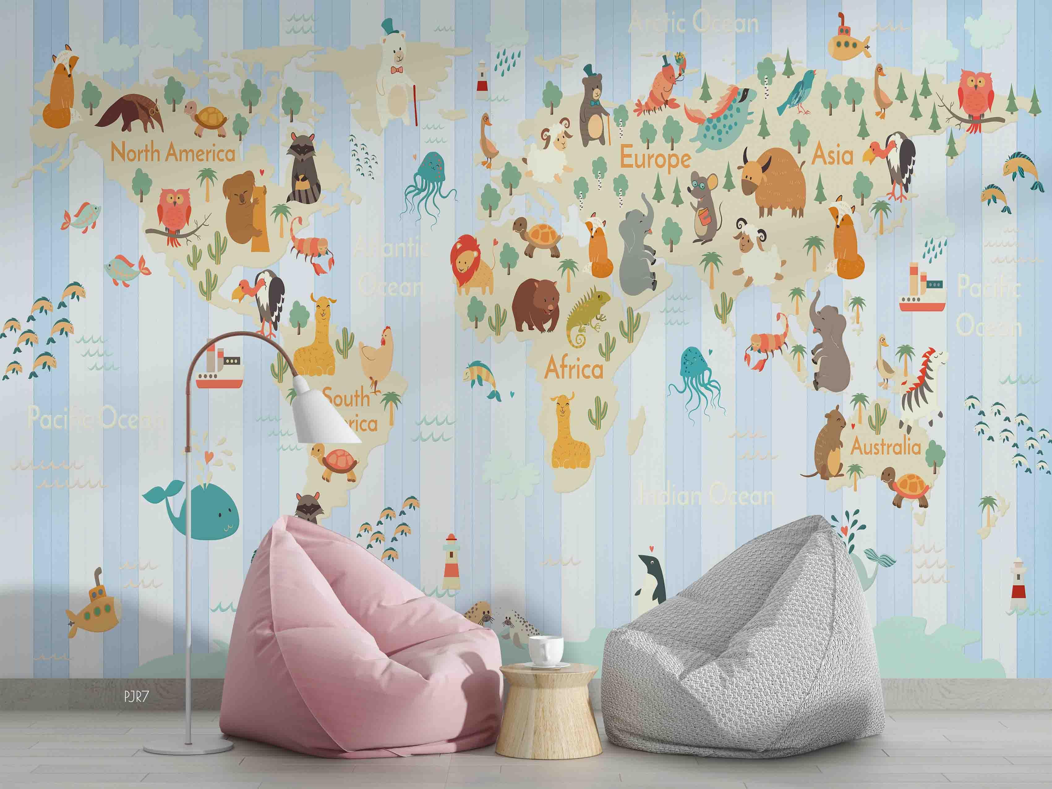 3D World Map Cartoon Animal Wall Mural Wallpaper WJ 6722- Jess Art Decoration