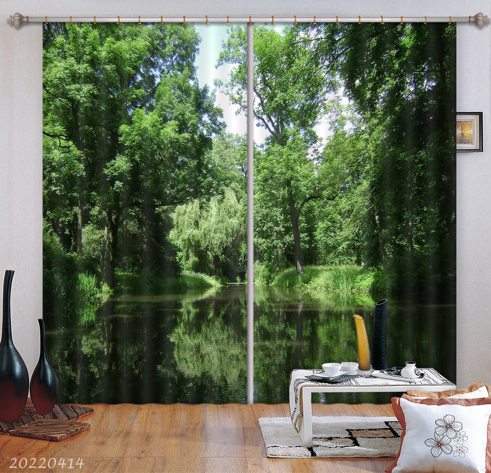 3D Tree Lake Nature Forest Green Leaf Curtains and Drapes GD 4031- Jess Art Decoration