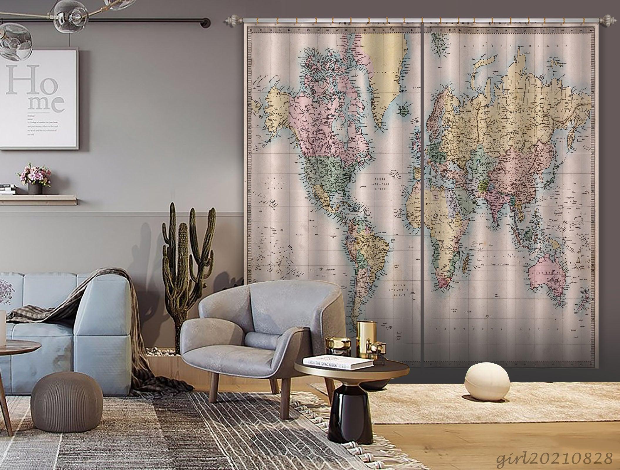 3D Retro World Map Curtains and Drapes LQH 100 – Jessartdecoration