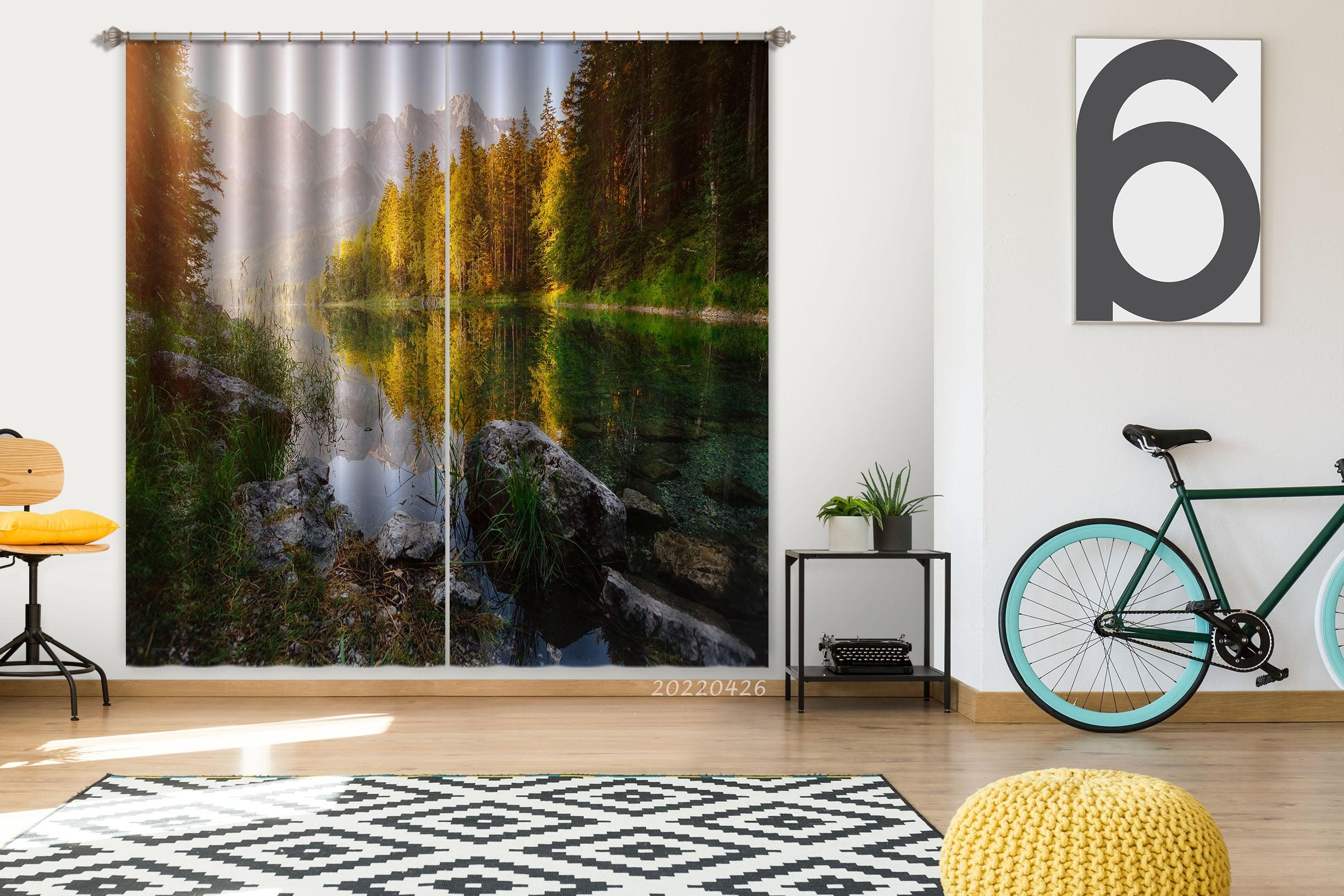 3D Landscape Mountain Forest River Rock Tree Curtains and Drapes GD 4900- Jess Art Decoration