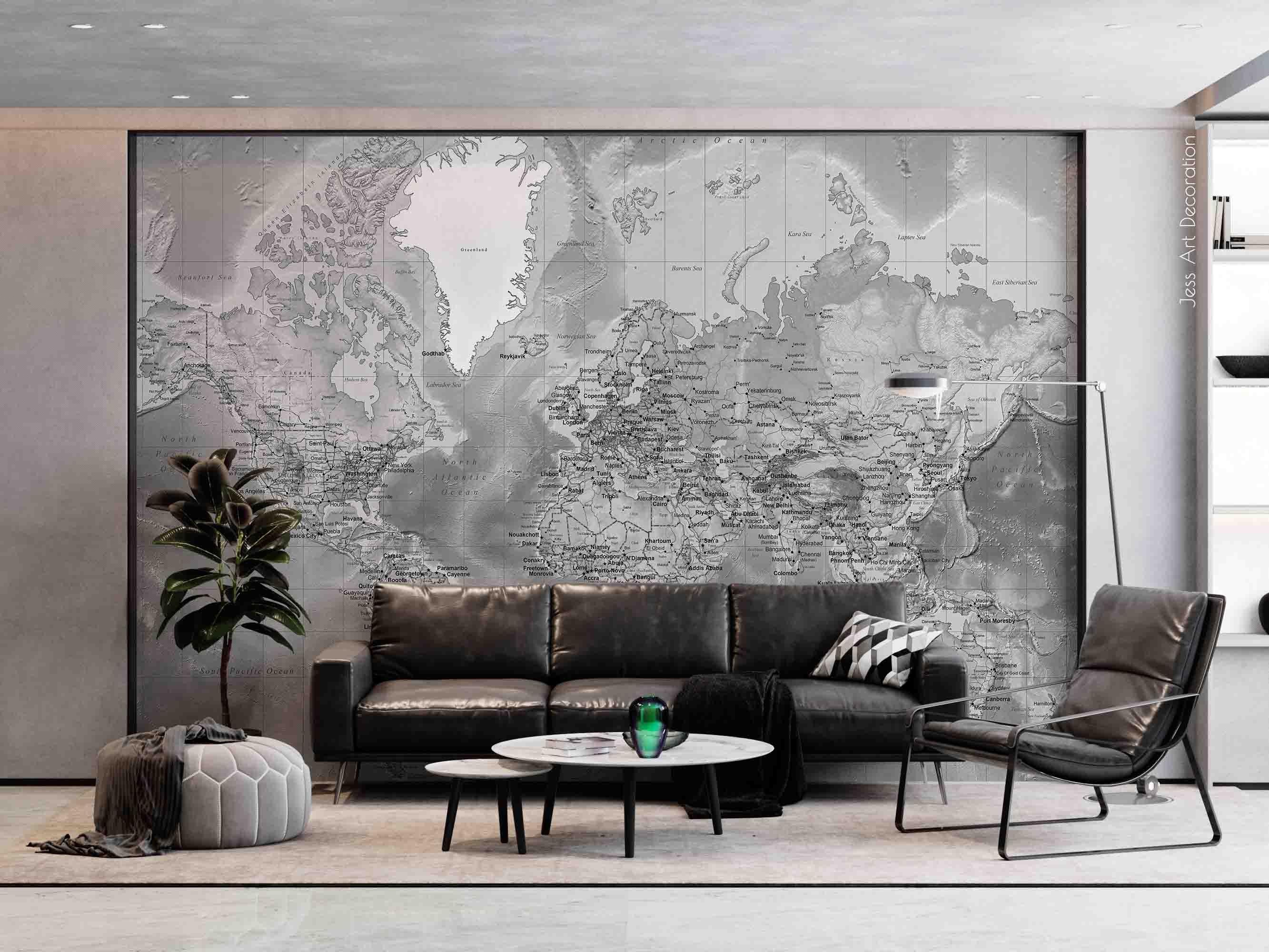 3D World Map Grey Wall Mural Wallpaper GD 3147- Jess Art Decoration