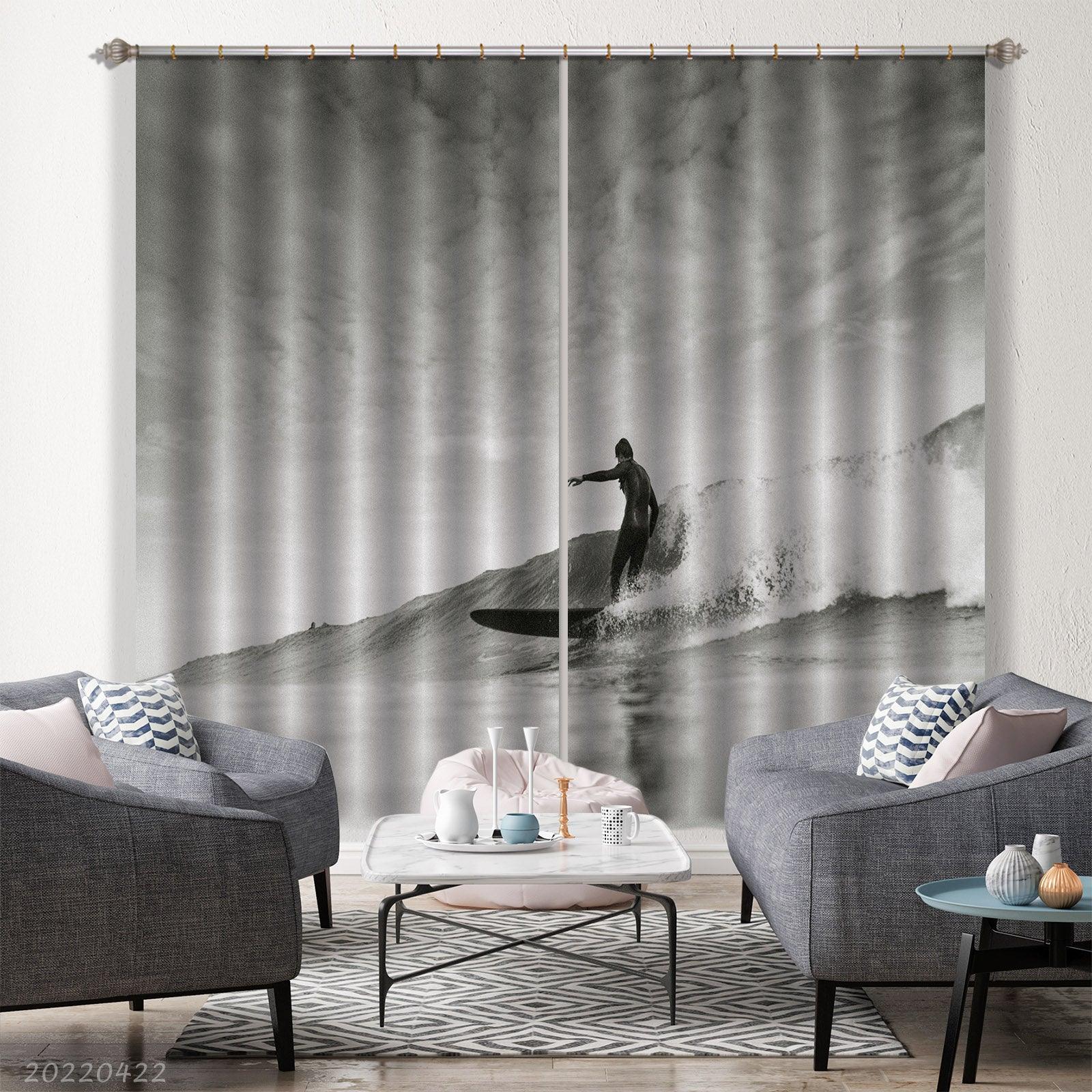 3D Huge Wave Man Surfing Black White Curtains and Drapes GD 4228- Jess Art Decoration
