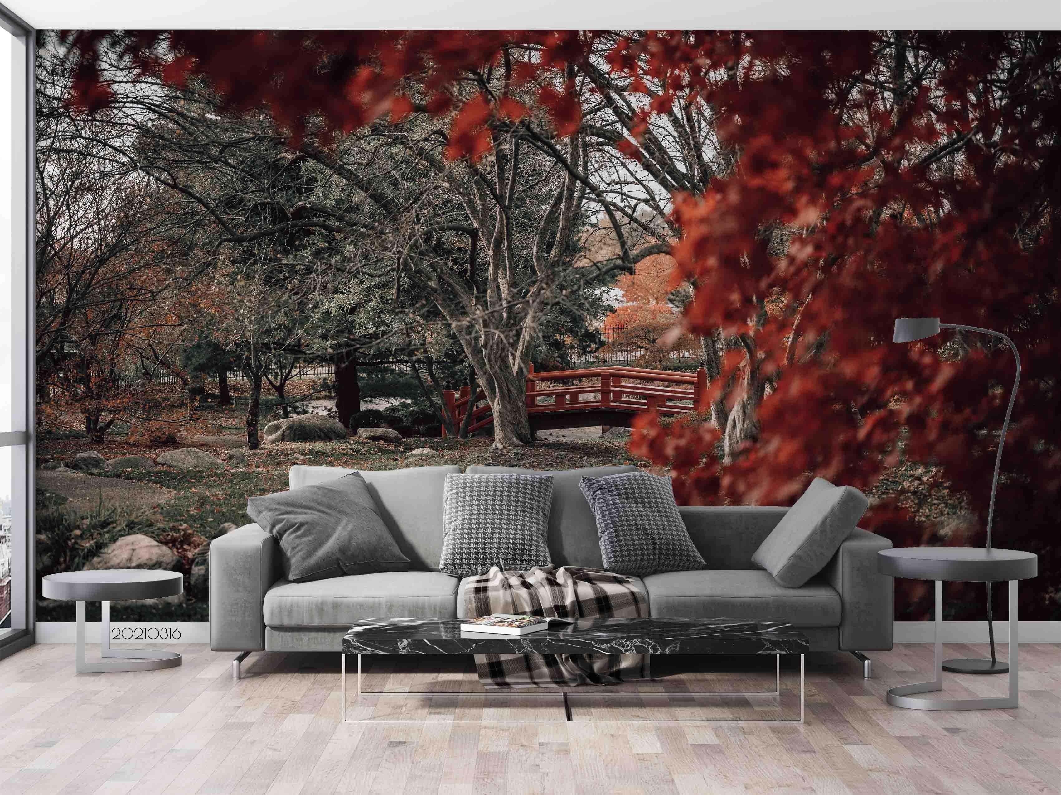 3D Park Maple Leaf Bridge Landscape Wall Mural Wallpaper LQH 488- Jess Art Decoration