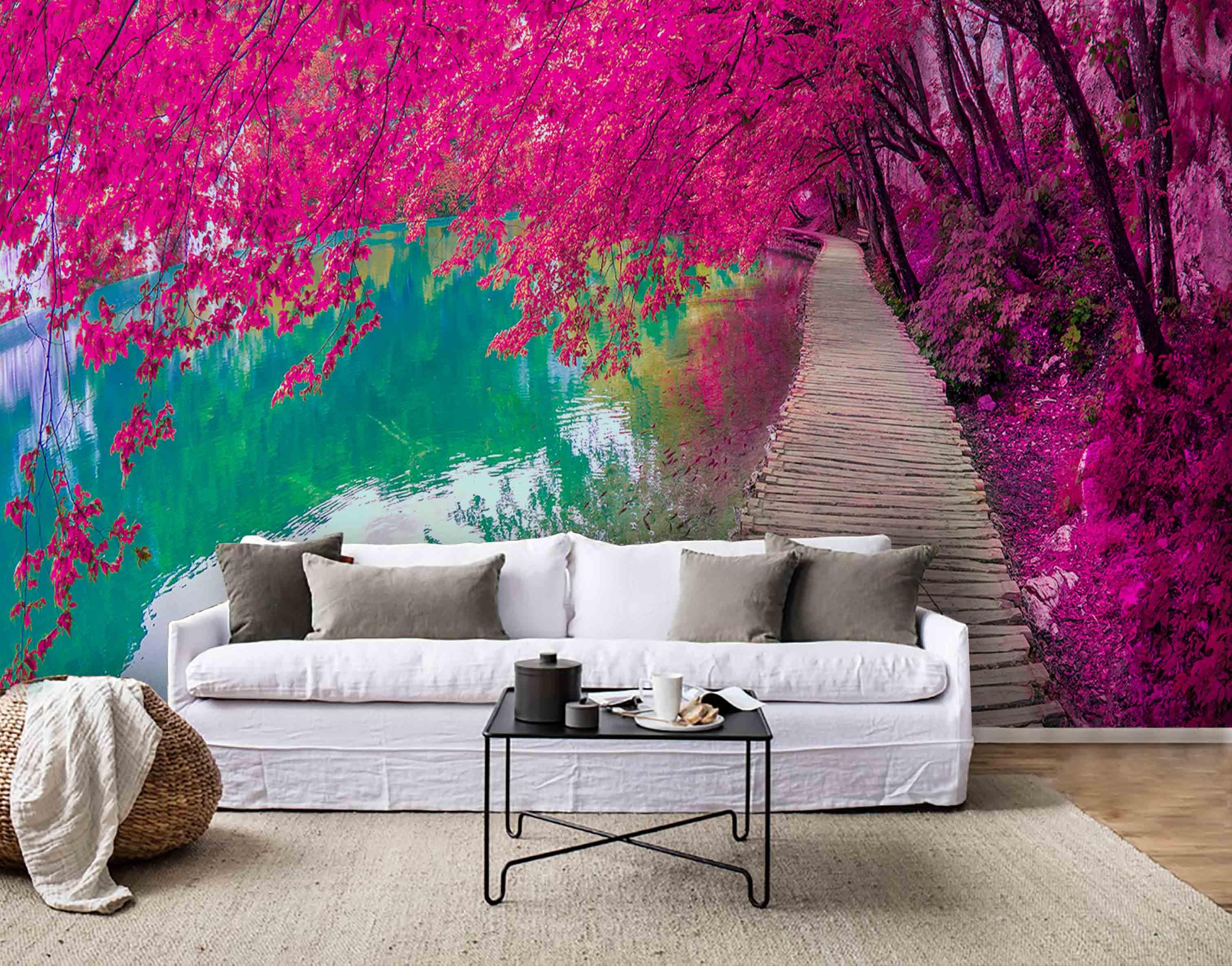 3D Wooden Walkway Forest Blossom River Wall Mural Wallpaper 90- Jess Art Decoration