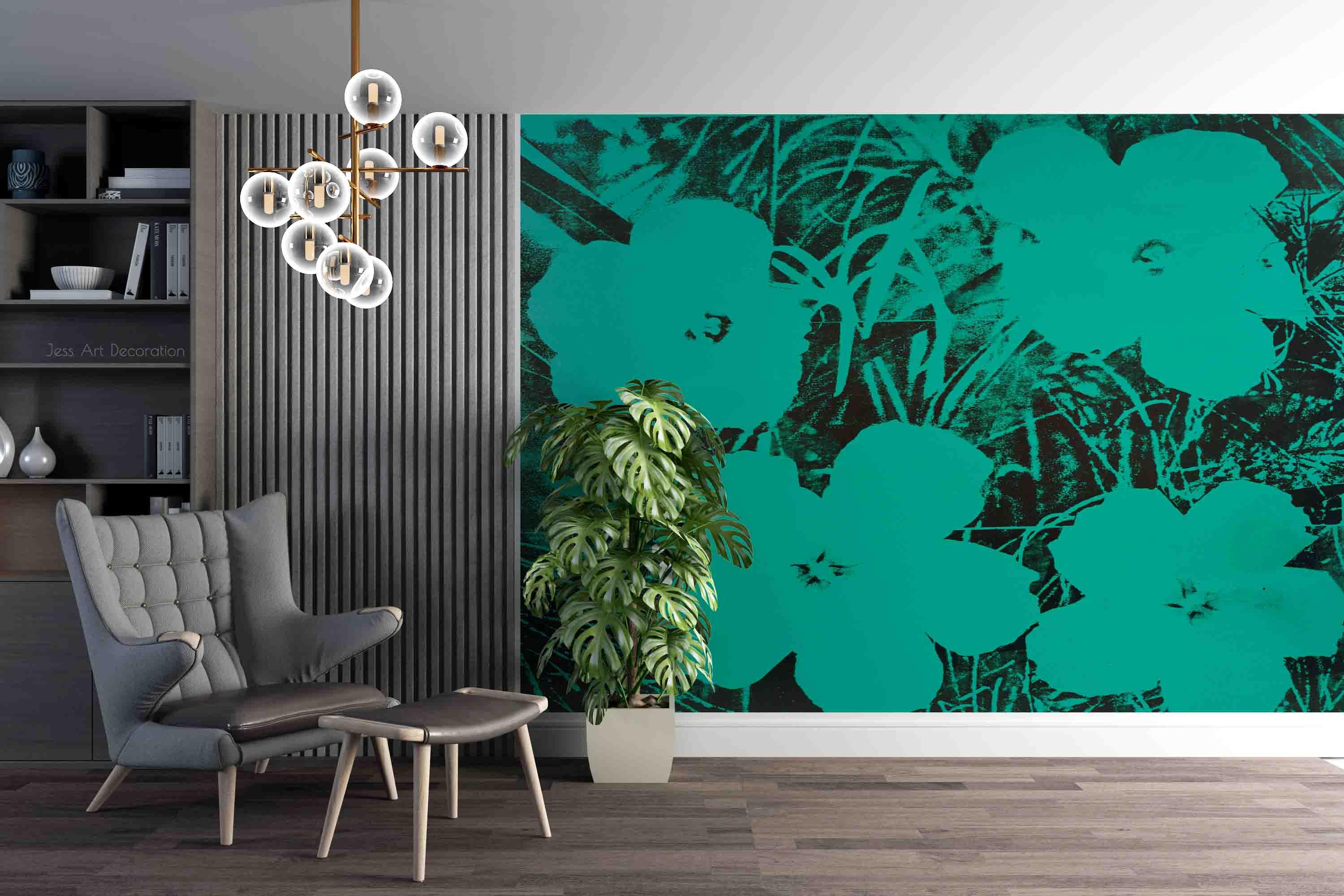 Green Flower Pattern Contemporary Wallpaper contemporary street art wall mural for creative room or feature wall