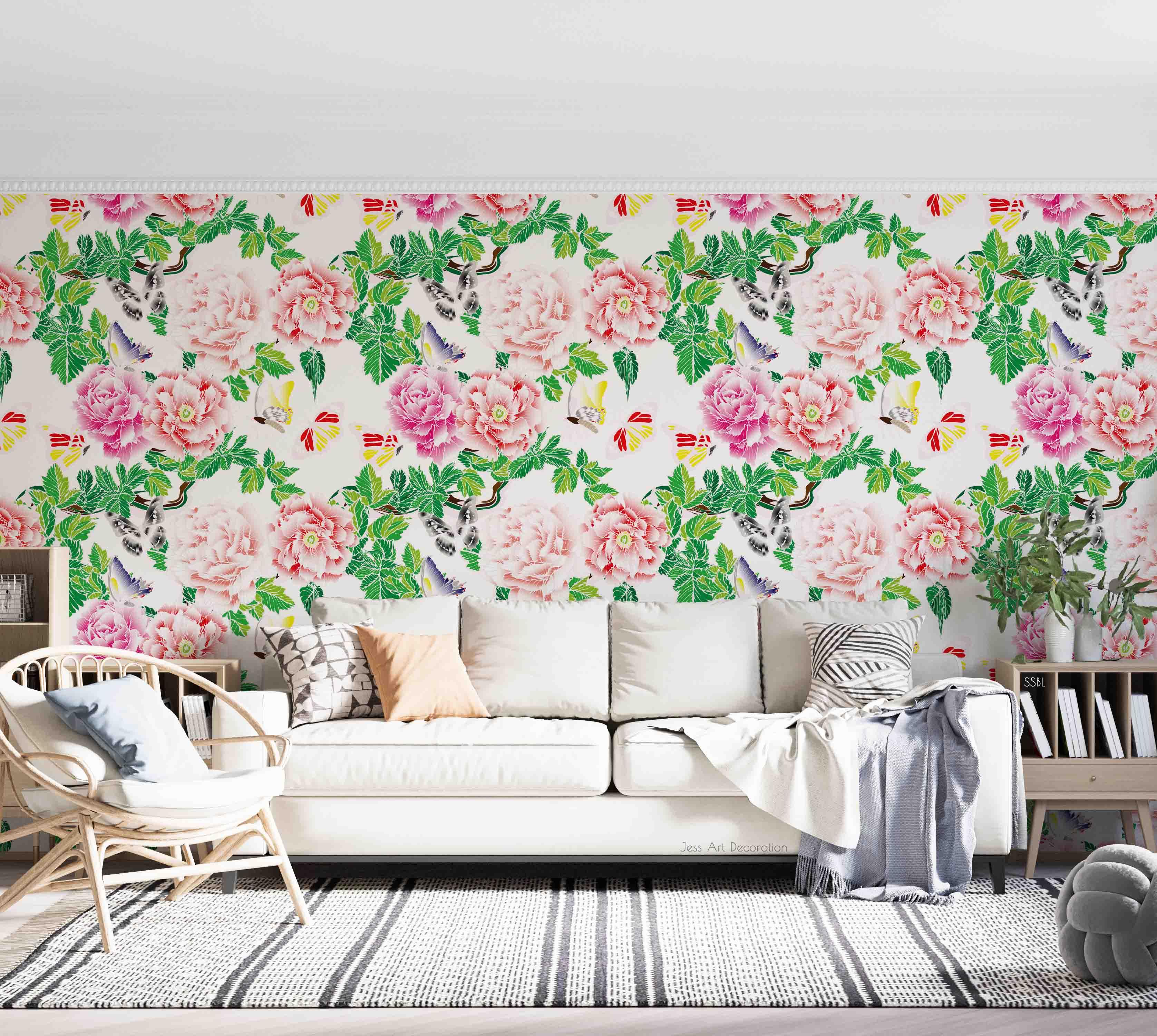 3D Vintage Blooming Pink Peony Green Leaves Pattern Wall Mural Wallpaper GD 3668- Jess Art Decoration