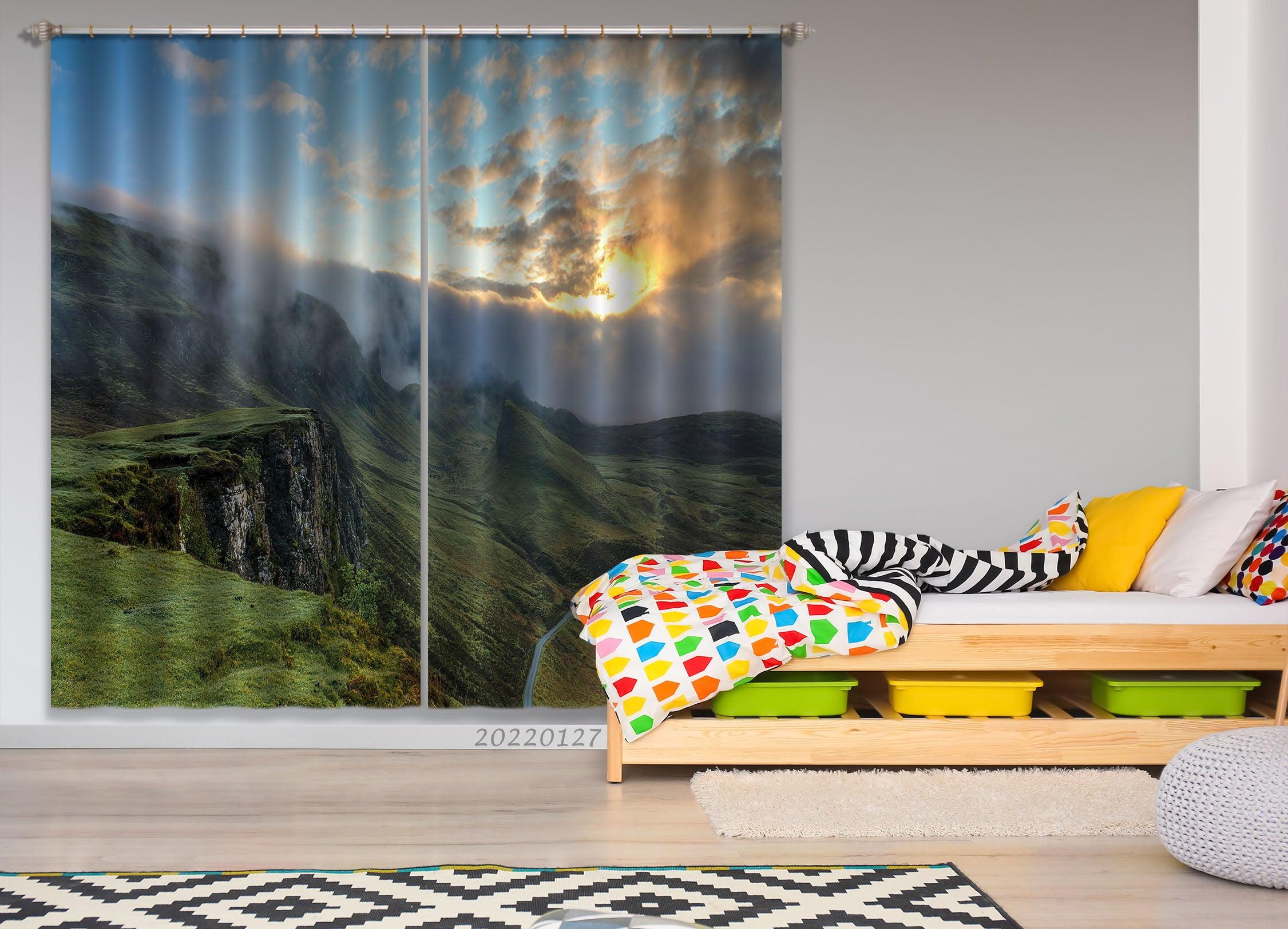 3D Green Mountain Fog Golden Sunbeam Cloud Scenery Curtains and Drapes GD 1396- Jess Art Decoration