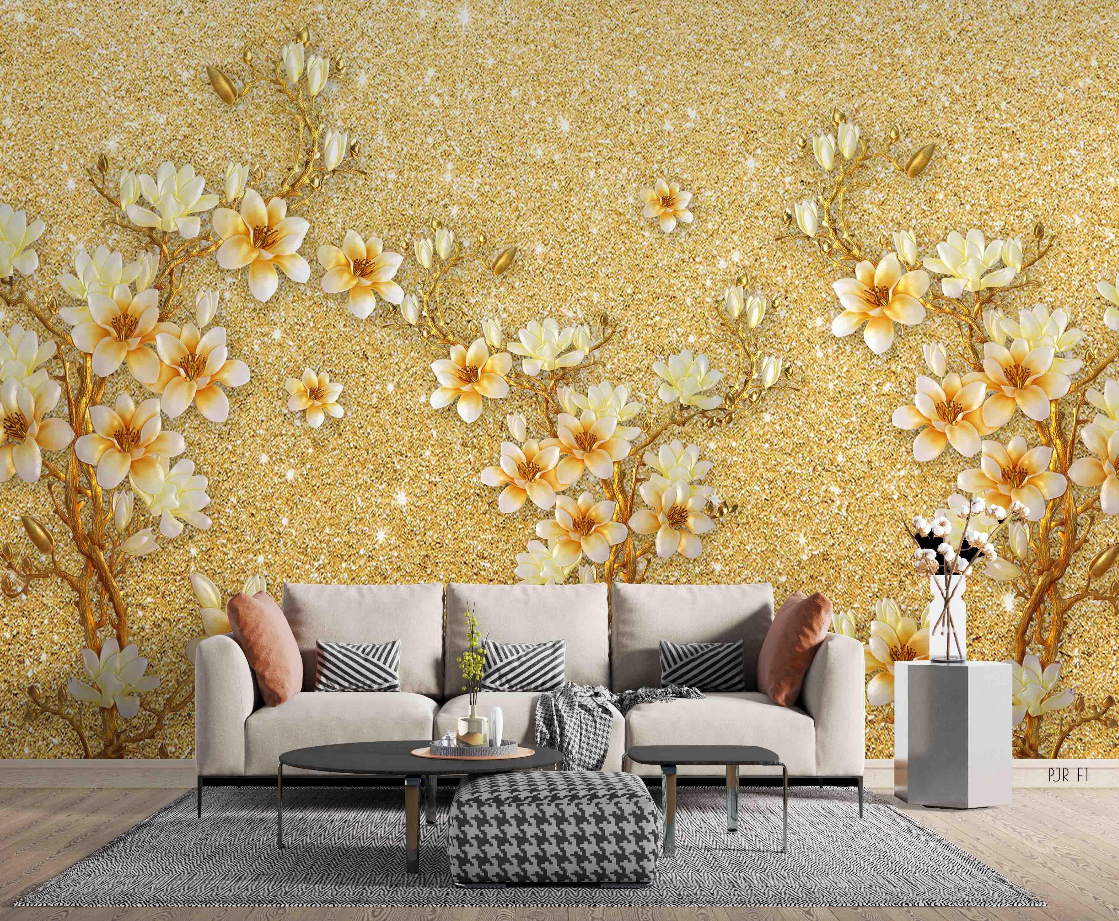 3D Golden Floral Plant Wall Mural Wallpaper WJ 2101- Jess Art Decoration