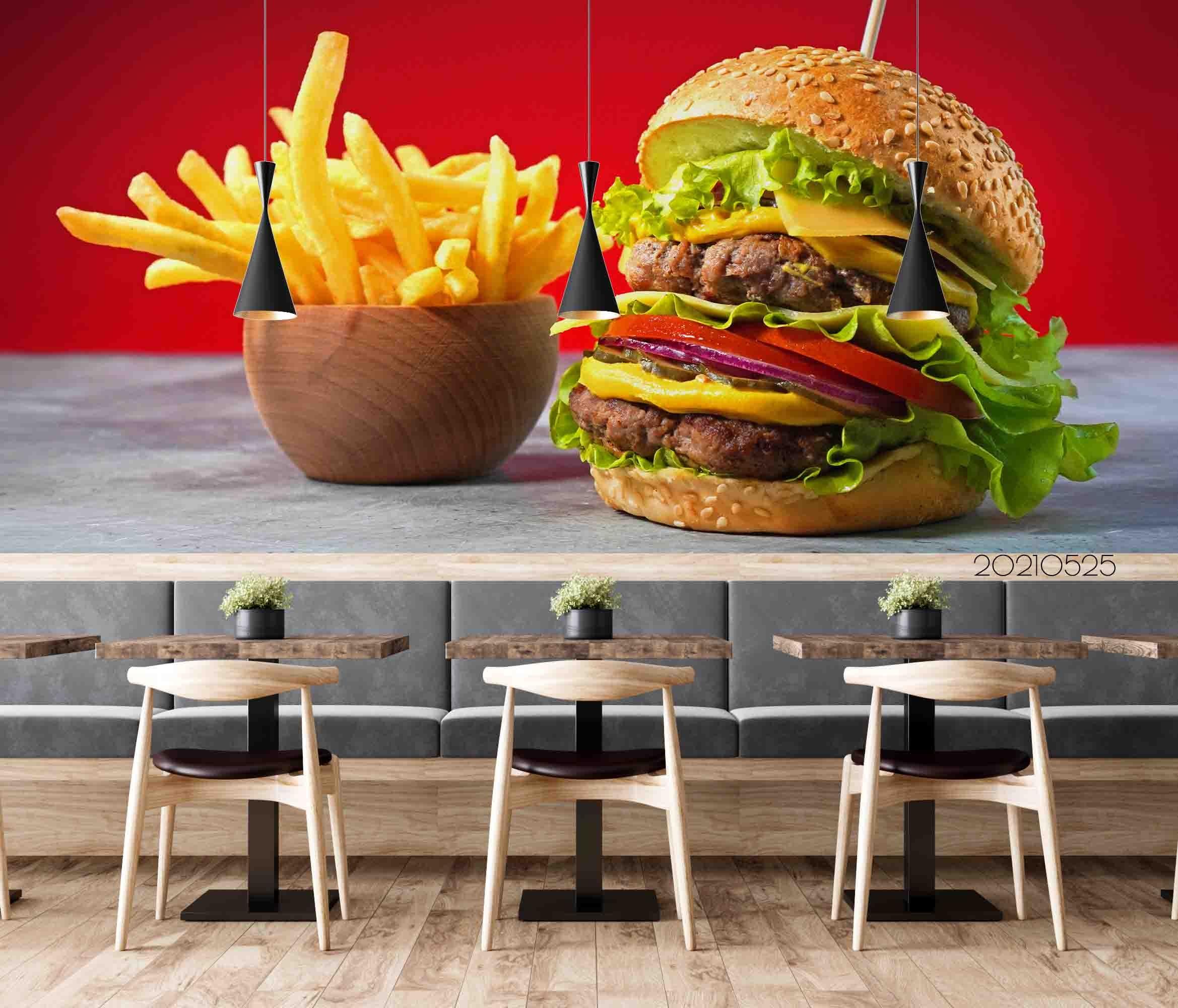 3D Big Hamburger Frich Fries Wall Mural Wallpaper SWW2- Jess Art Decoration
