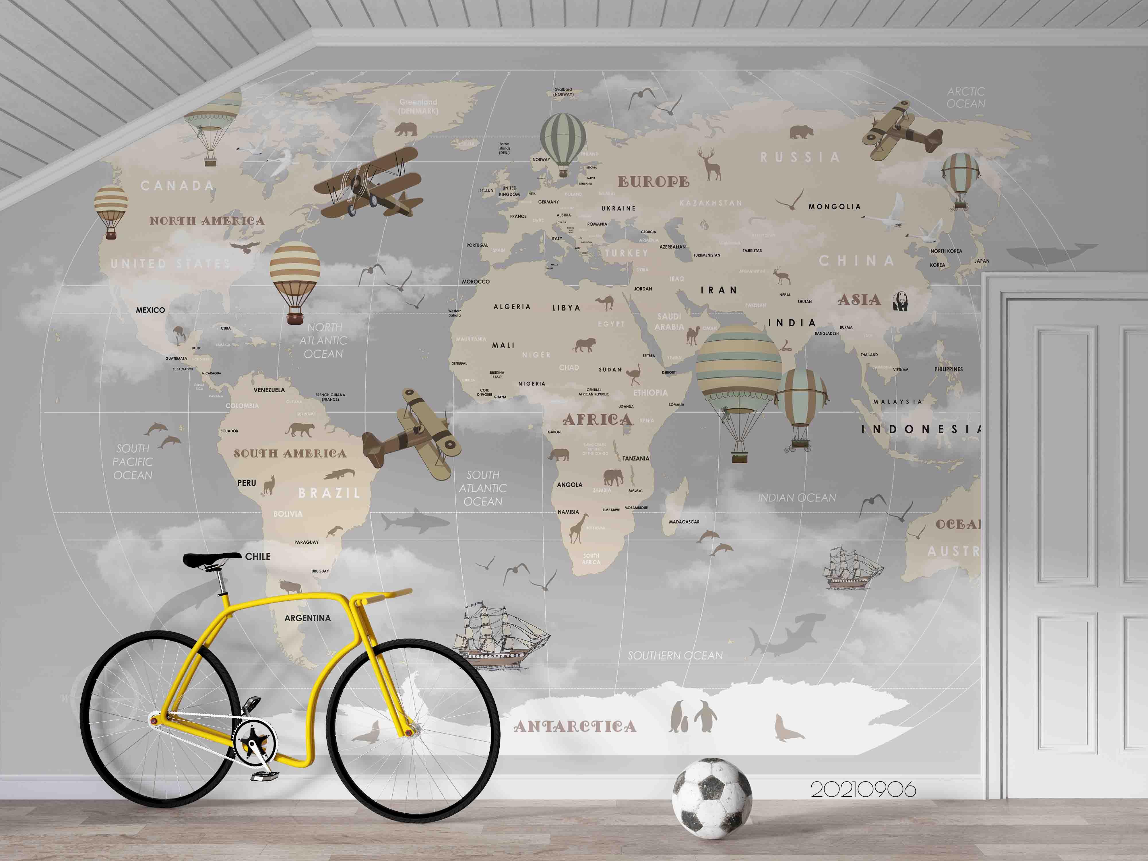 3D Grey World Map Hot Air Balloon Wall Mural Wallpaper LQH 682- Jess Art Decoration