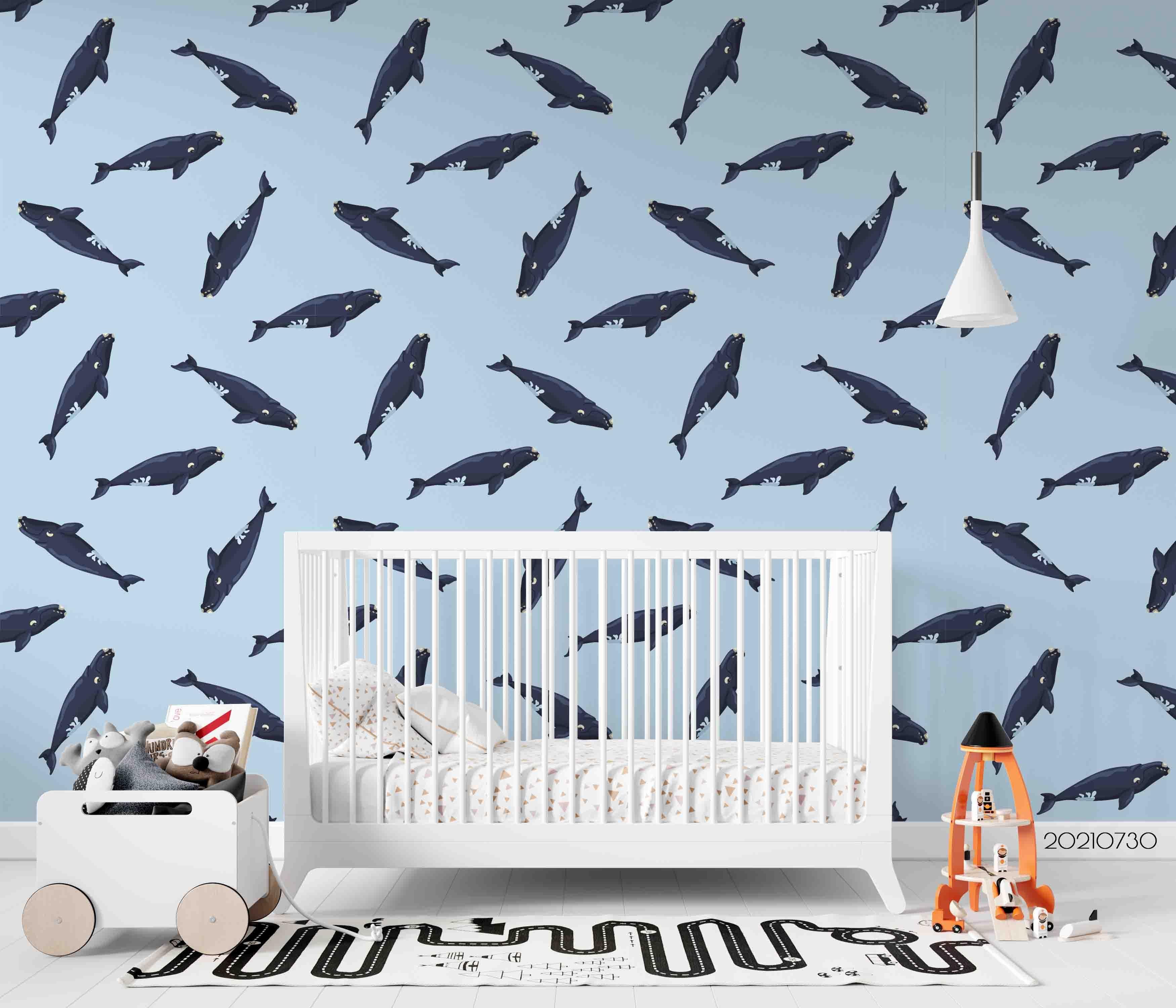 3D Whale Pattern Seamless Light Blue Wall Mural Wallpaper SWW4463- Jess Art Decoration