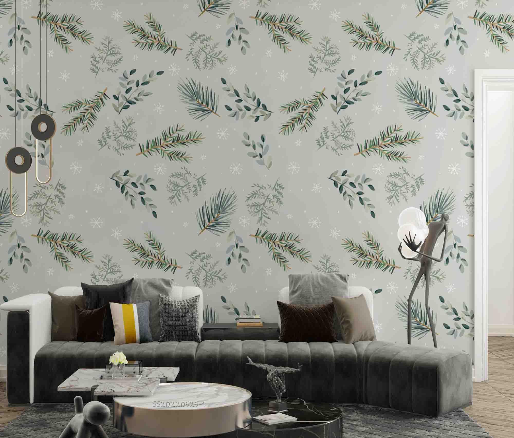 3D Watercolor Pine Branch Leaf Green Wall Mural Wallpaper GD 4737- Jess Art Decoration