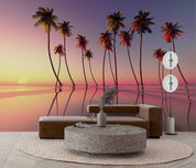 3D Coconut Tree Sunrise Sea Pink Wall Mural Wallpaper GD 2527- Jess Art Decoration