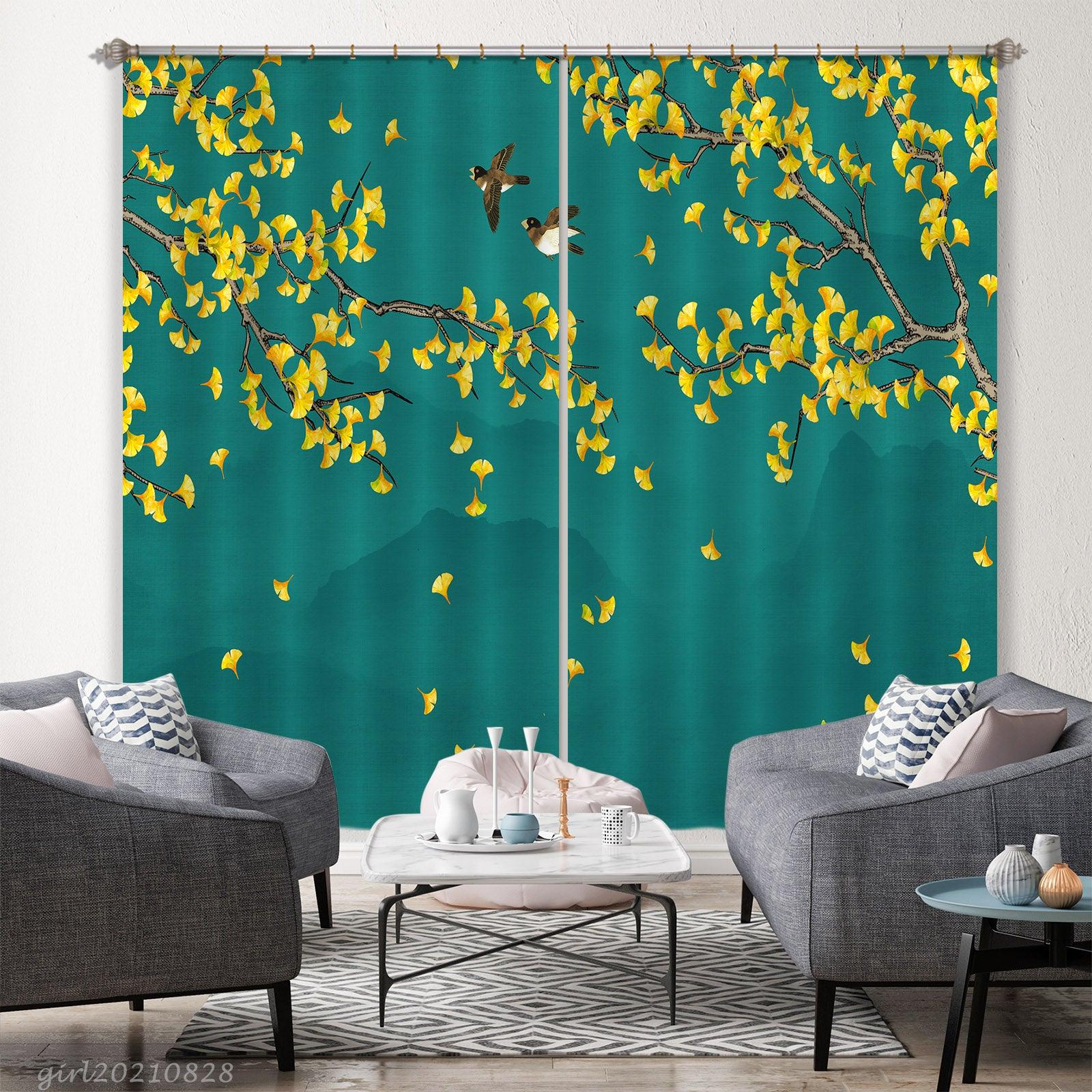 3D Yellow Leaf Tree Bird Curtains and Drapes LQH 113- Jess Art Decoration