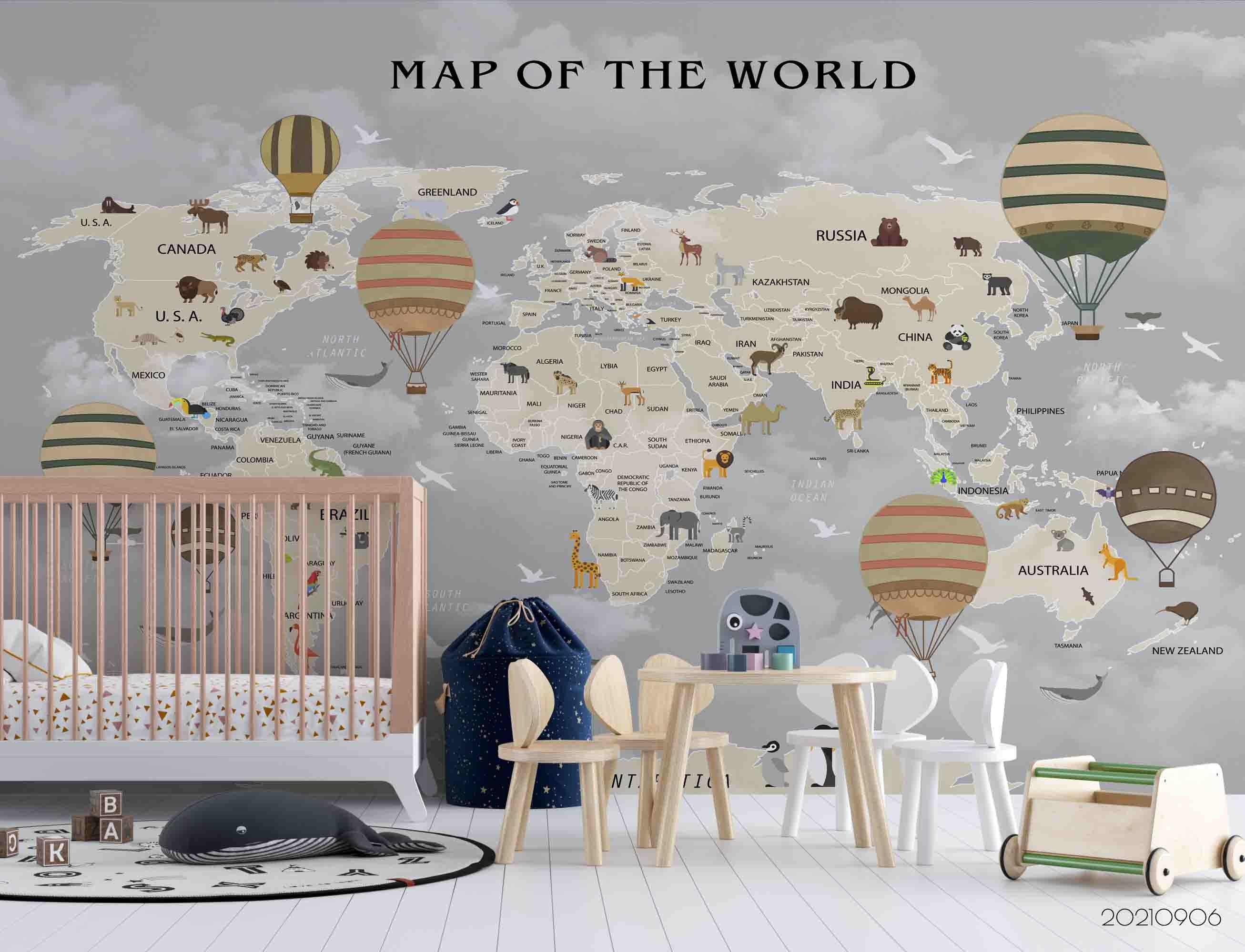 3D World Map Hot Air Balloon Wall Mural Wallpaper LQH 506- Jess Art Decoration