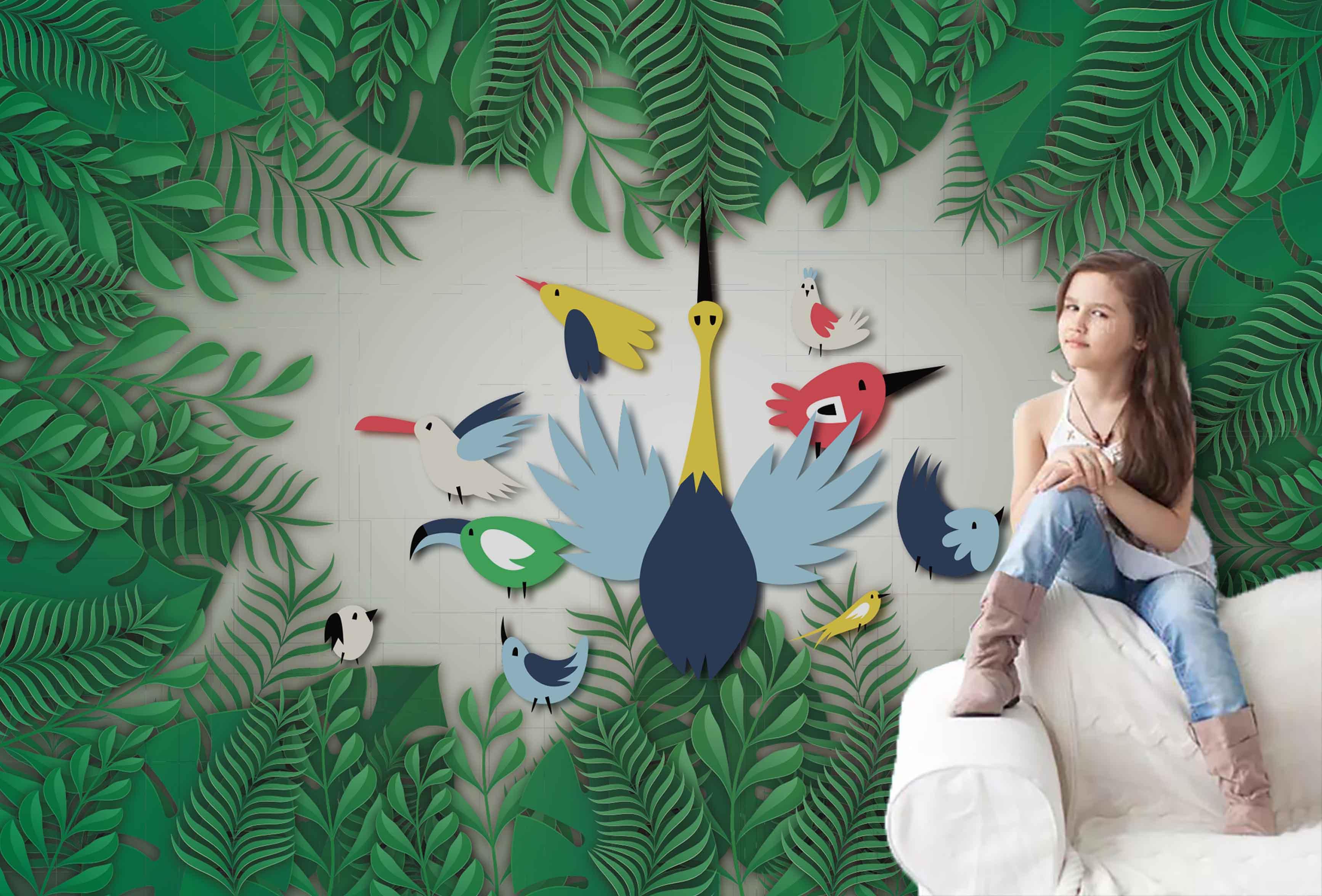 3D Green Leafed Bird Wall Mural Wallpaper 21- Jess Art Decoration