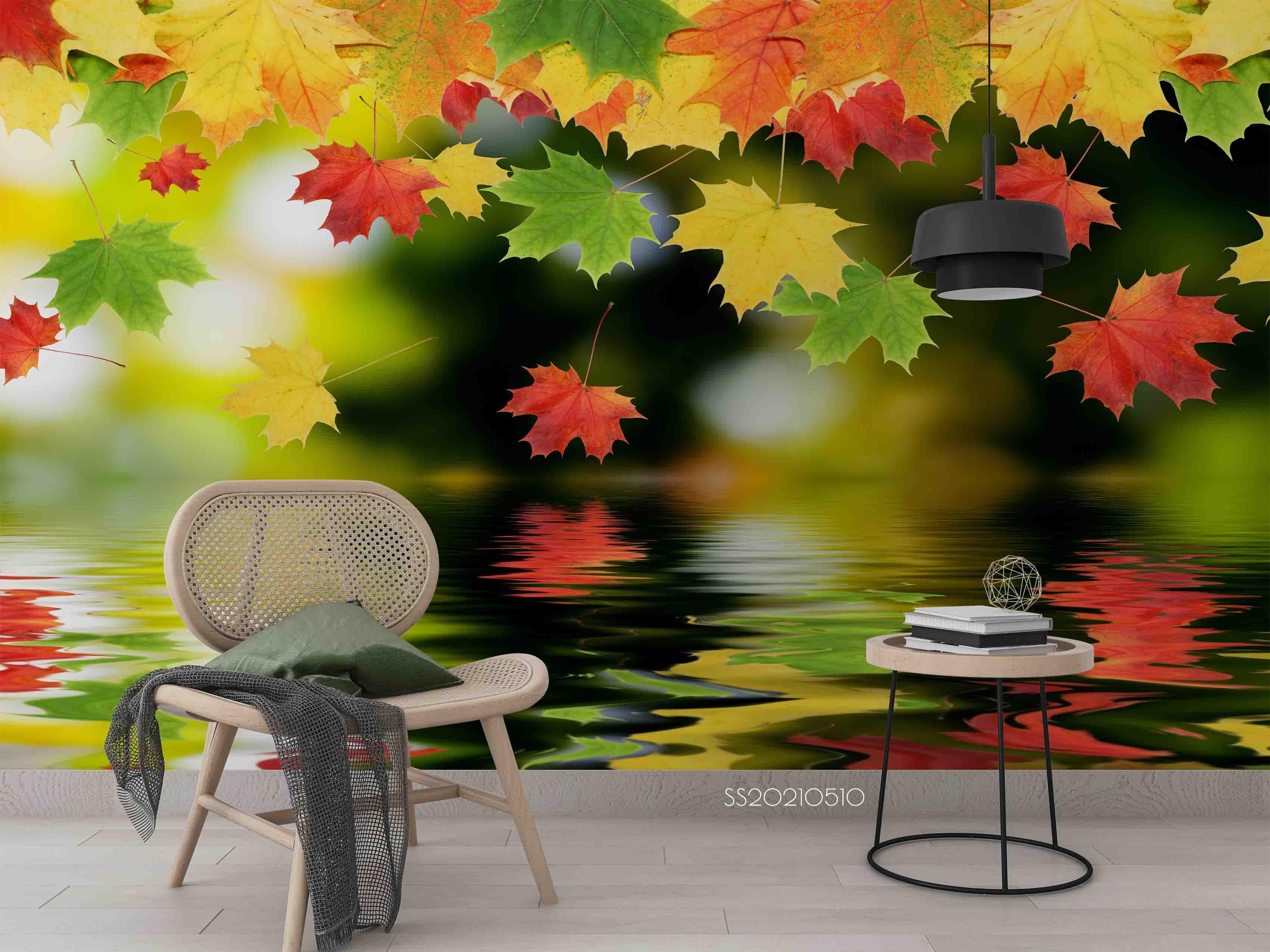 3D Lake Color Maple Leaf Wall Mural Wallpaper LQH 271- Jess Art Decoration