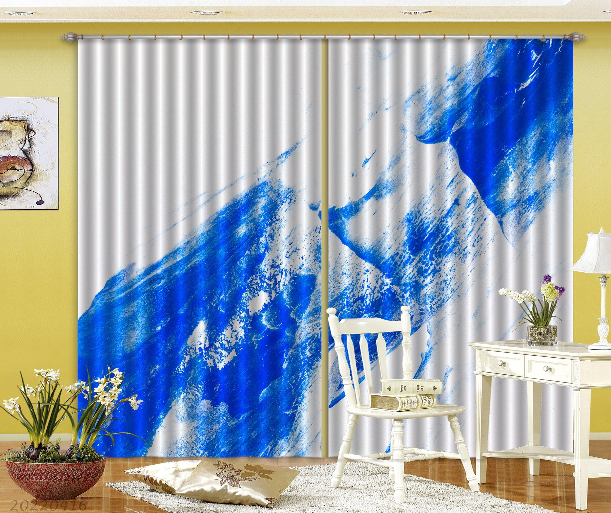 3D Abstract Blue Paint Texture White Curtains and Drapes GD 4329- Jess Art Decoration