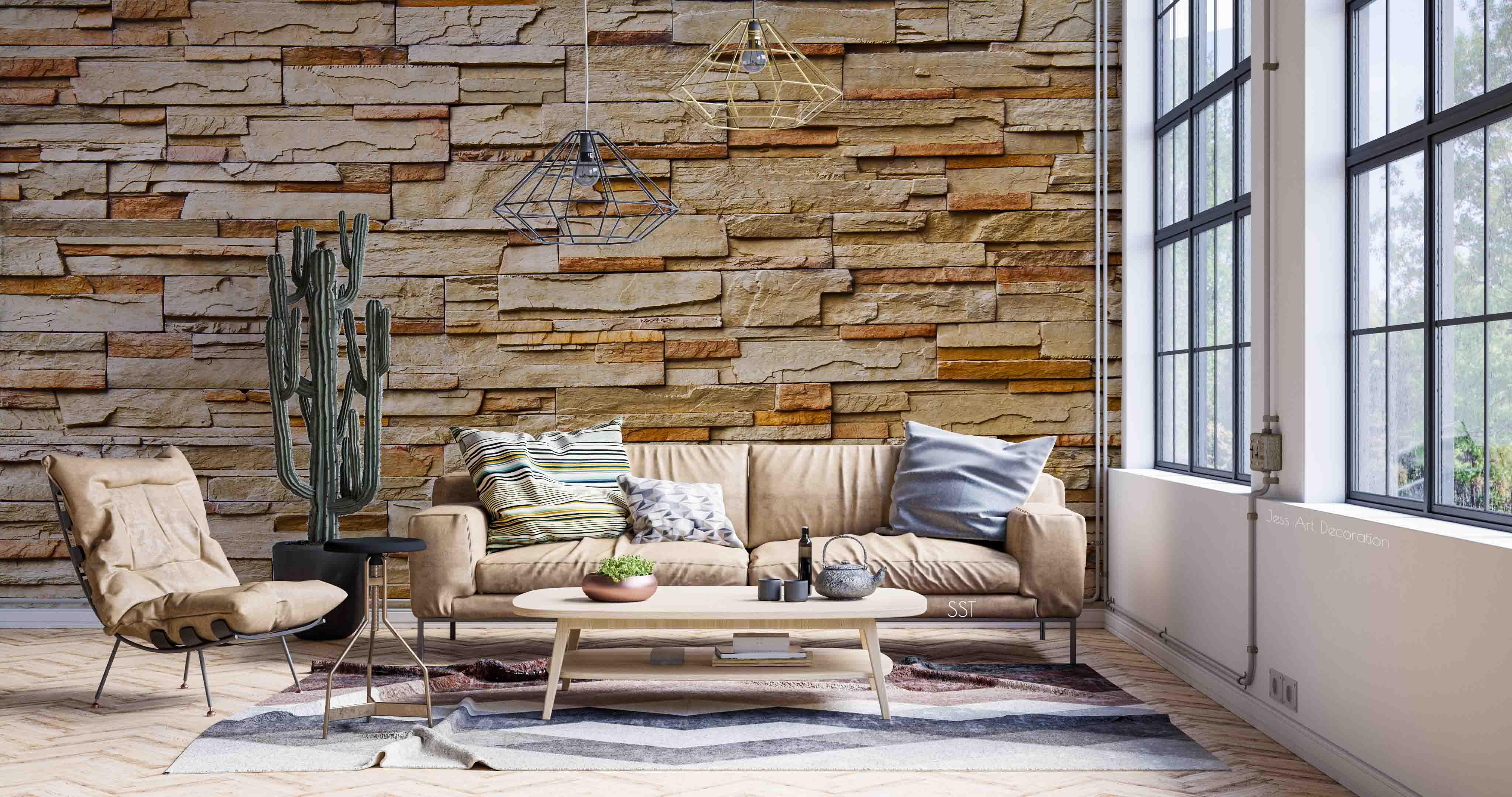 3D Warm Stacked Stone warm stacked stone wall wall mural wallpaper for dining room - view 4