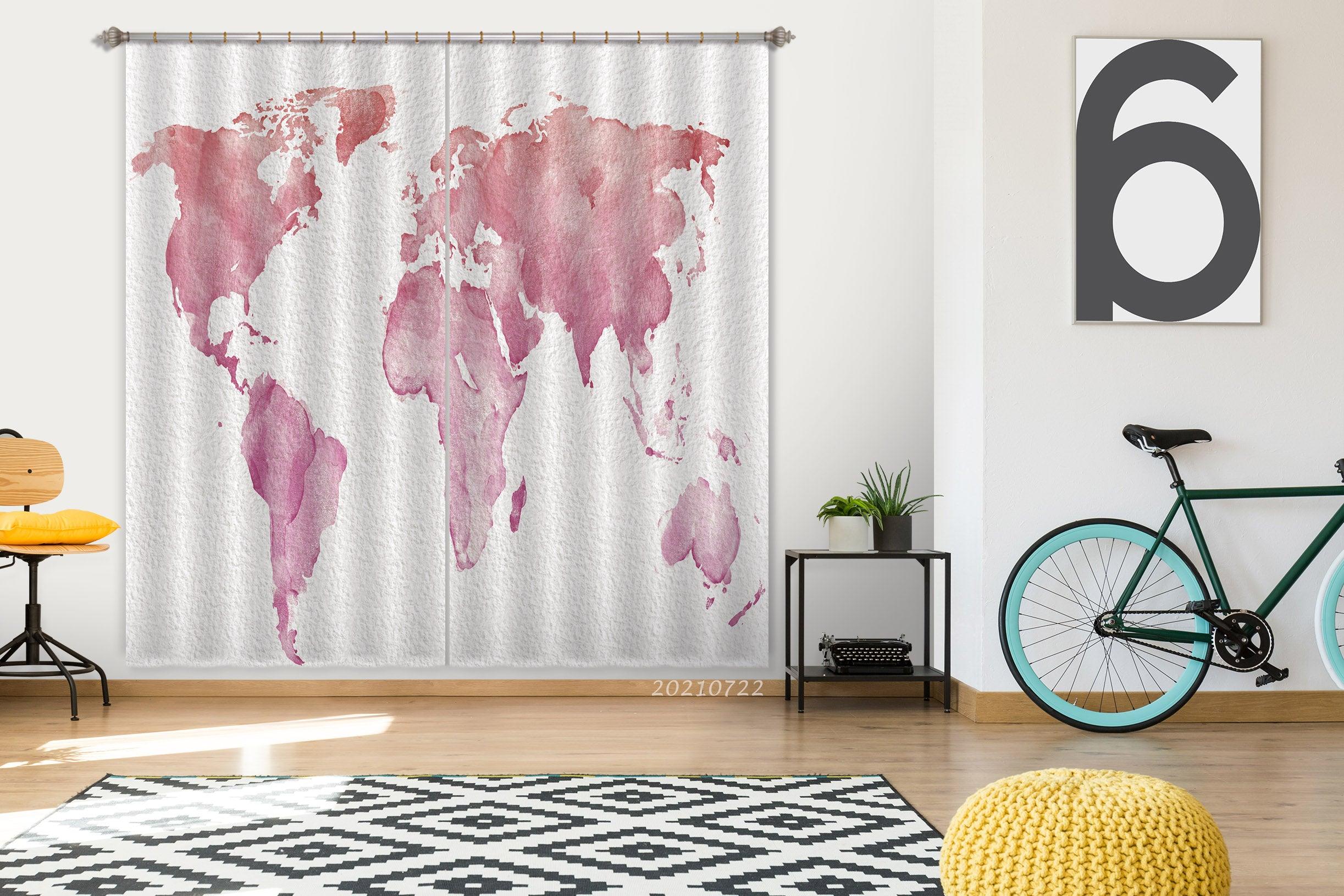 3D Watercolor Pink Map Curtains and Drapes LQH 548- Jess Art Decoration