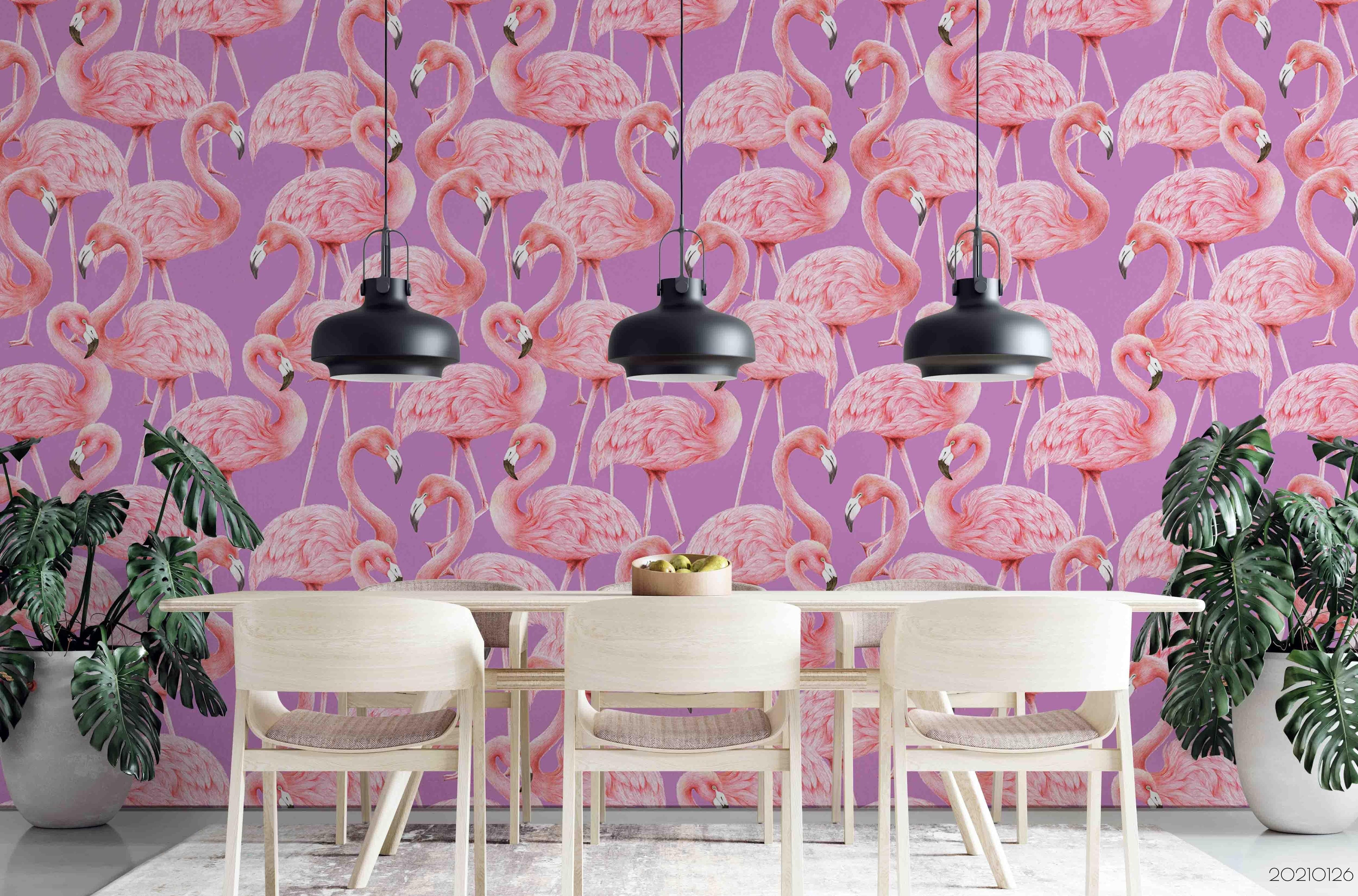 3D Hand Drawn Animal Pink Flamingo Wall Mural Wallpaper LQH 62- Jess Art Decoration