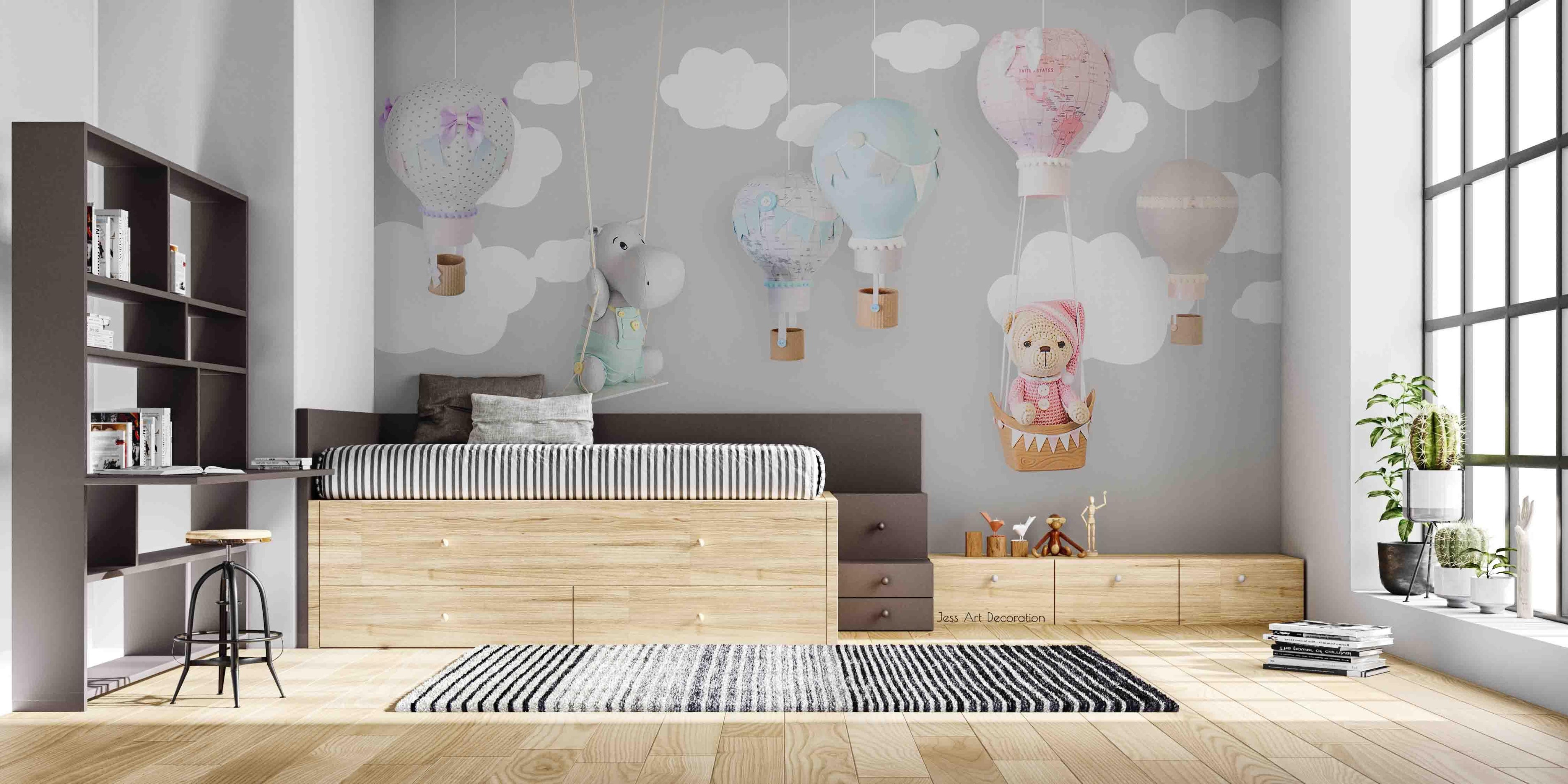 3D Hot Air Balloon Teddy Bear Hippo Map Cloud Wall Mural Wallpaper GD 3432- Jess Art Decoration