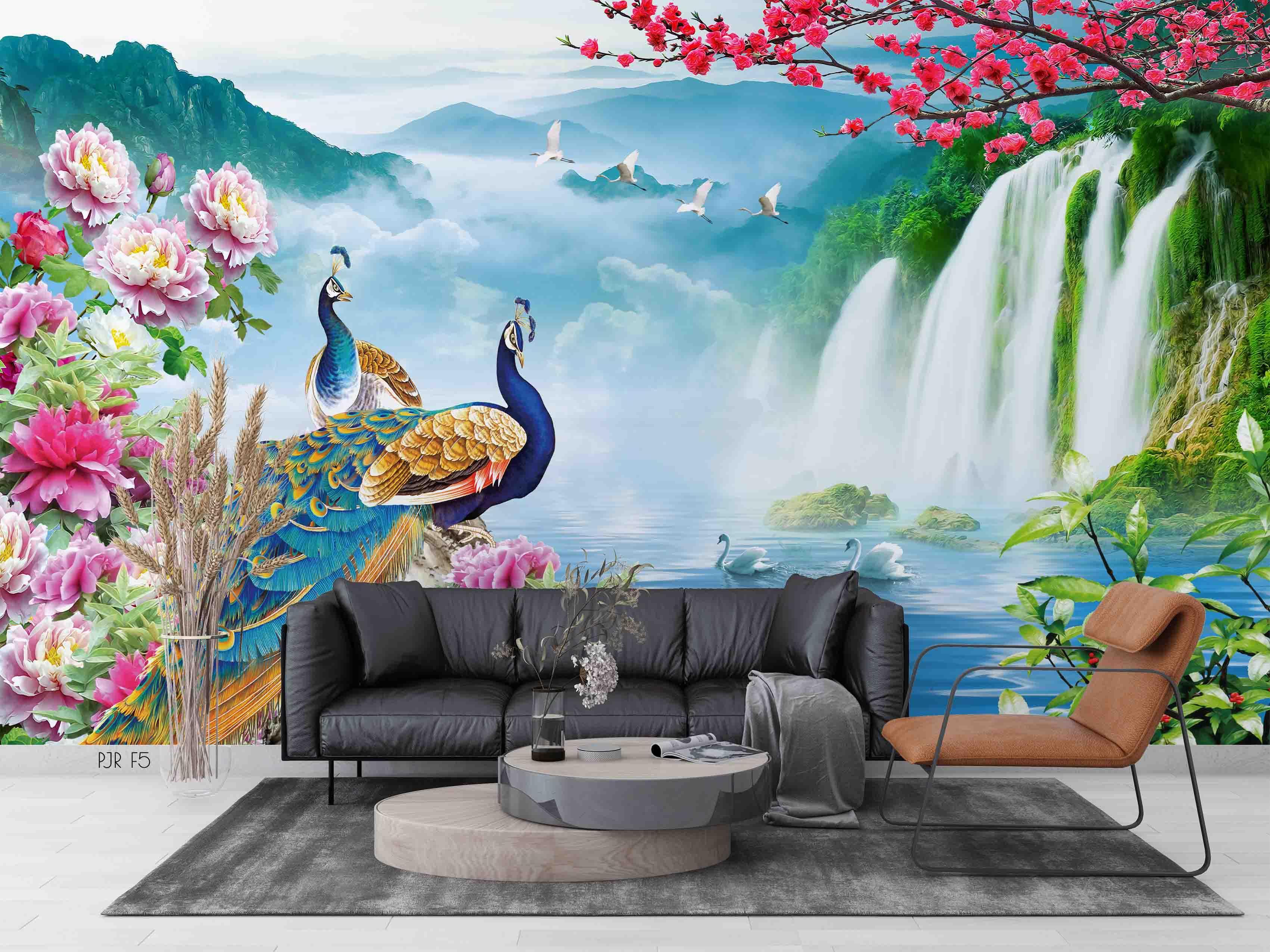 3D Peacock Waterfall Garden peacock waterfall nature scene wall mural wallpaper for living room - view 8
