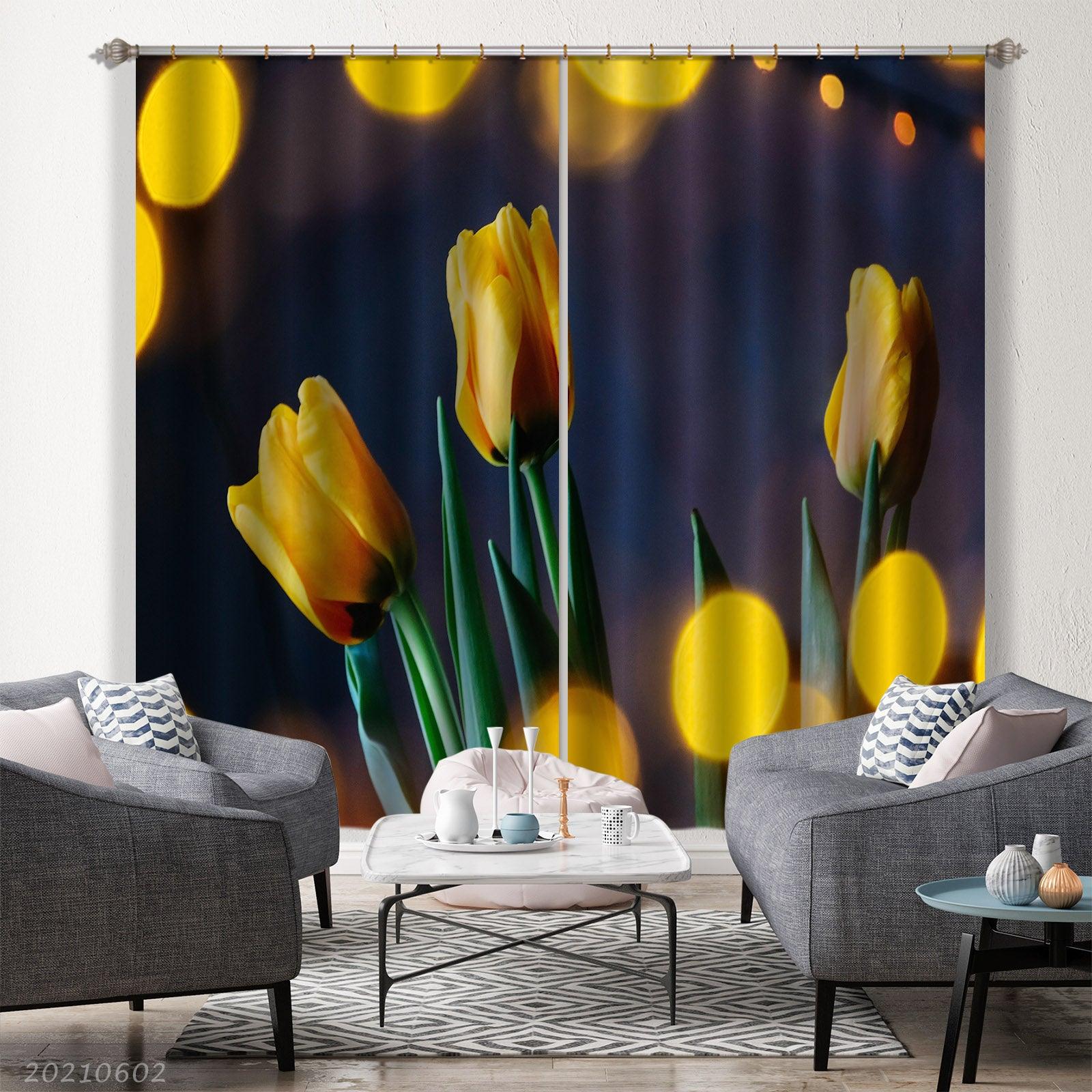 3D Neon Yellow Tulip Pattern Curtains and Drapes GD 637- Jess Art Decoration
