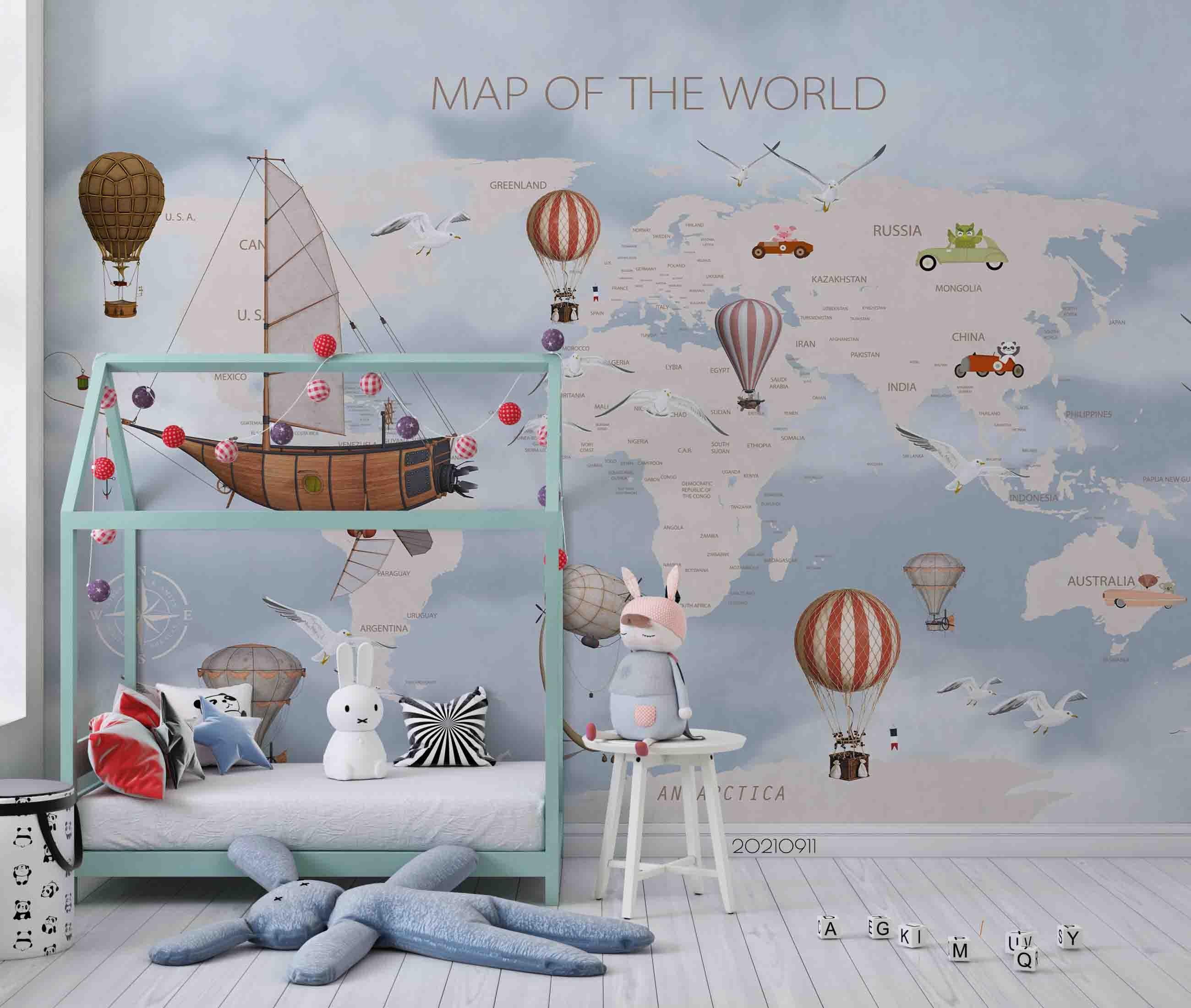 3D World Map Hot Air Balloon Kids Wall Mural Wallpaper LQH 831- Jess Art Decoration