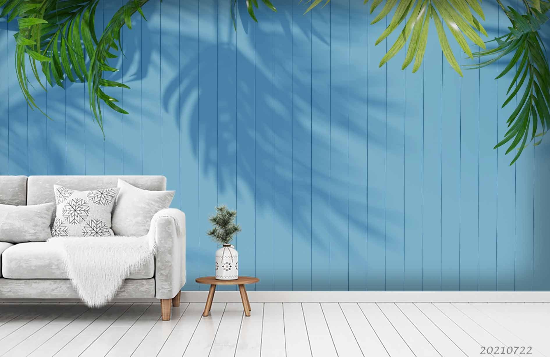 3D Blue Wood Board Texture Leaf Wall Mural Wallpaper LQH 33- Jess Art Decoration